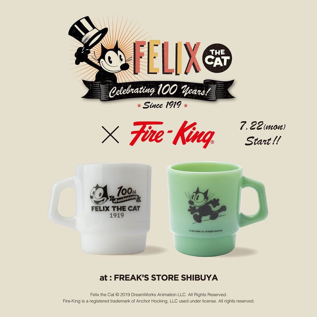 フリークスストアさんのインスタグラム写真 - (フリークスストアInstagram)「【EVENT】 今年100周年を迎えた『FELIX THE CAT』が、『Fire-King』とのコラボアイテムを発売！7月22日(月)より、FREAK'S STORE渋谷店にてPOP UP SHOPを開催致します。  ジェダイとミルクホワイトの2つのFire-Kingスタッキングマグに、映画の主人公として誕生した年「1919」の文字と、年代の違いによりタッチの異なるフィリックスのアートをそれぞれプリント。 . ＜開催日程＞ 2019.7.22(mon) ~ 2019.8.12(mon) . ＜開催店舗＞ 渋谷店 東京都渋谷区神南1-13-1 03-6415-7728  営業時間 【平日】 12:00-20:00 【土日祝】 12:00-20:30  #freaksstore #フリークスストア #フリークスストア渋谷」7月20日 12時19分 - freaksstore_official