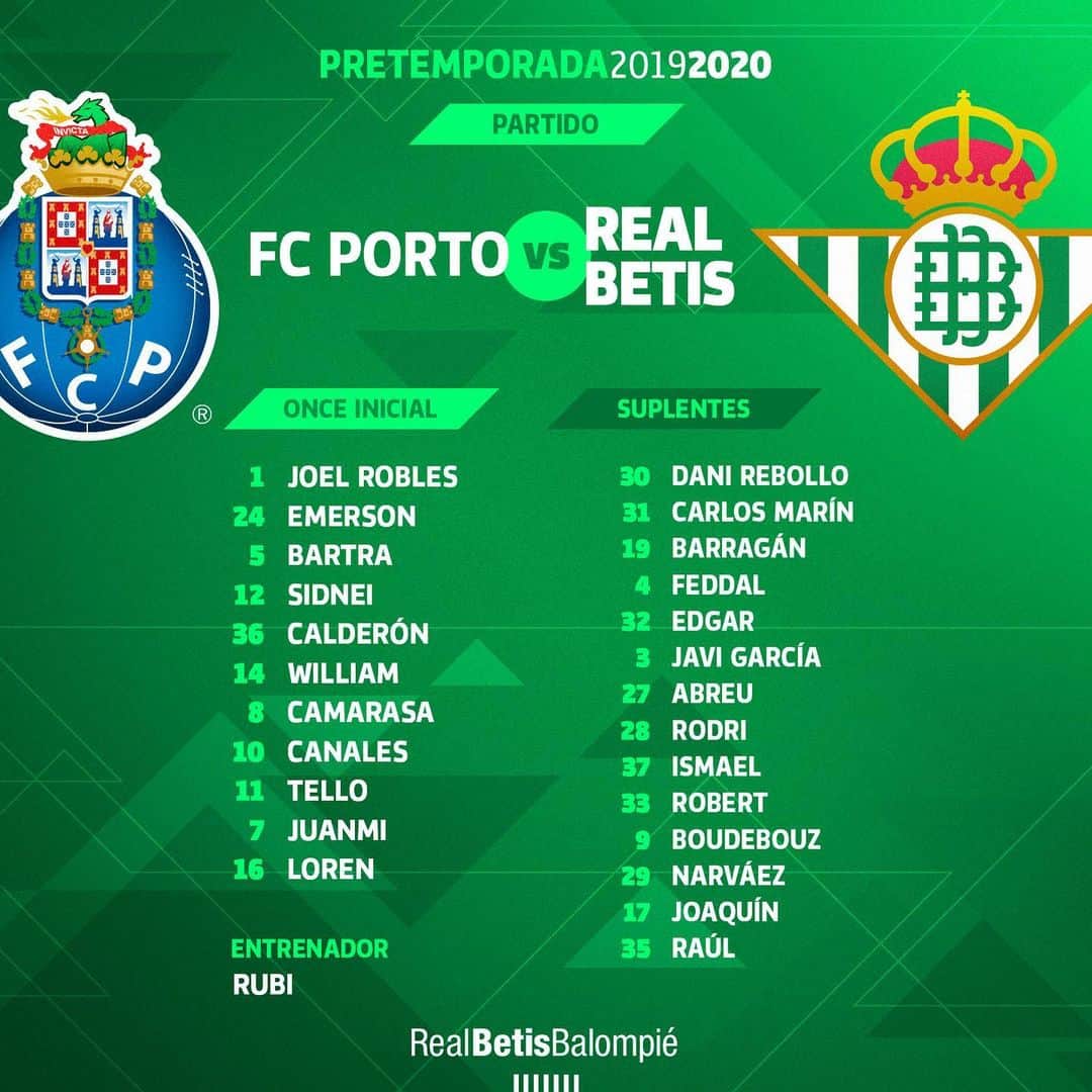 レアル・ベティスさんのインスタグラム写真 - (レアル・ベティスInstagram)「¡Con este once inicial nos mediremos al FC Porto! 💪🆙💚 -- This is our eleven to face FC Porto! 💪🆙💚」7月20日 4時09分 - realbetisbalompie
