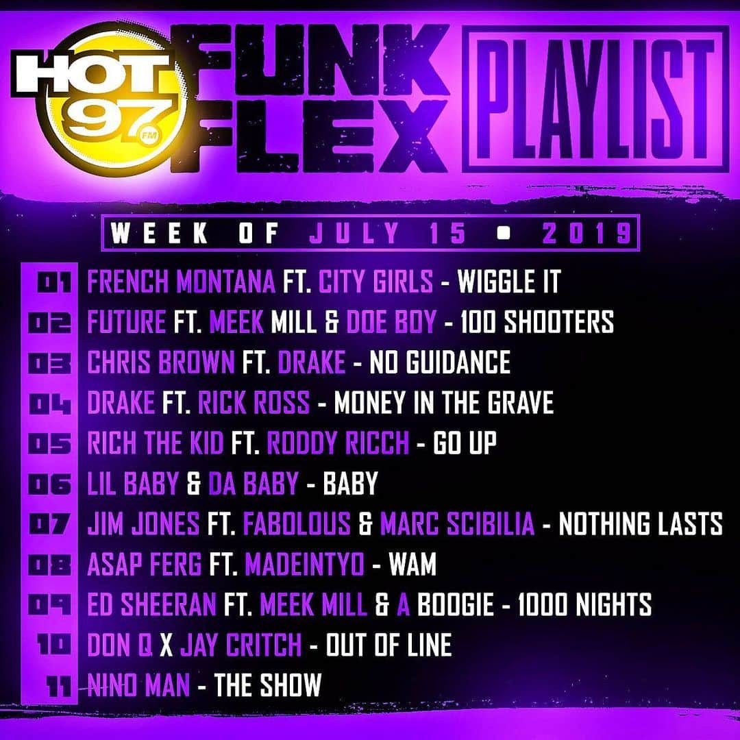 ファンクマスター・フレックスのインスタグラム：「1 @frenchmontana ft. @CityGirls - Wiggle It (Prod. by @BenBillions ) [ @salxo + @cashxo ] 2 @Future ft. @MeekMill & @doeboyfbg - 100 Shooters (Prod. by @taykeith + @cubeatz )  3 @chrisbrownofficial ft. @champagnepapi - No Guidance (Prod. by @vinylz +@jlouis + @velous + @ovo40 )  4 @champagnepapi ft. @richforever - Money In The Grave (Prod. by @asoteric434 + @ljay + @cydneychristine ) 5 @RichTheKid ft. @RoddyRicch - Go Up (Prod. by @1narquise ) 6 @lilbaby_1 & @DaBaby - Baby (Prod. by @wheezyx5 ) 7 @JimJonesCapo ft. @MyFabolousLife & @marcscibilia - Nothing Lasts (Prod. by @officialheatmakerz ) 8 @ASAPFerg ft. @madeintyo - WAM (Prod. by @skylerislive + @tweektune )  9 @teddysphotos ft. @meekmill & @Artisthbtl - 1000 Nights (Prod. by @boi1da + @jahaansweet + #FredGibson )  10 @DonQhbtl x @JayCritch - Out Of Line (Prod. by @dlobeatz ) [ @qp_hbtl + @babydubai_hbtl + @emm.six ] 11 @imninoman - The Show [freestyle] @wilmajor」