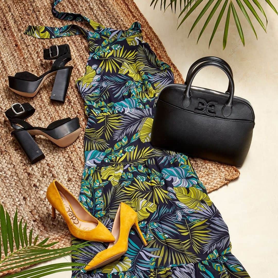 サムエデルマンのインスタグラム：「The perfect summer print 🌿 our Hazel heels, Rain Sandal, Leaf Print Dress and Bonnie Satchel」