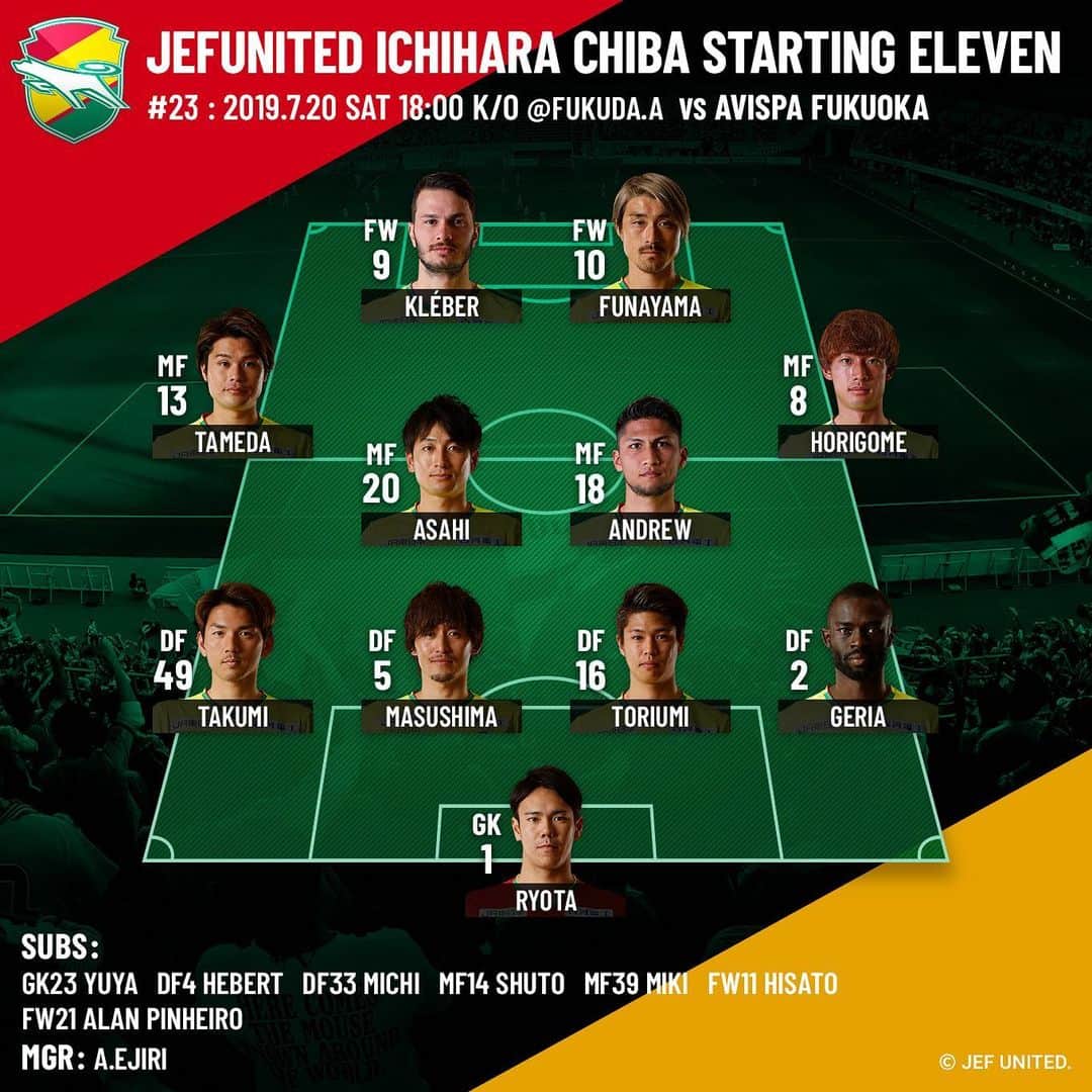 ジェフユナイテッド市原・千葉のインスタグラム：「‪2019.7.20 SAT 18:00 K/O‬ ‪vs AVISPA FUKUOKA‬ ‪JEFUNITED STARTING Ⅺ‬ ‪#jefunited  #jef  #ジェフ千葉  #明治安田生命J2リーグ  #Jリーグ  #jleague‬」