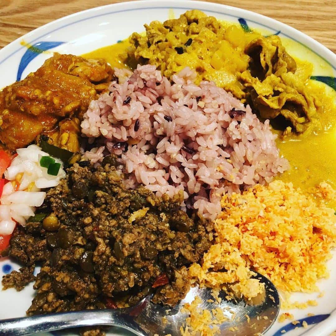トータス松本のインスタグラム：「左上、安定のチキンカレー。右上の黄色いのは白桃カンヅメのポークカレー。変なカレーのつもりで使った白桃、意外にいい！ #毎日カレー #作るので #タッパーが #いっぱい #変なカレー #まだやります」