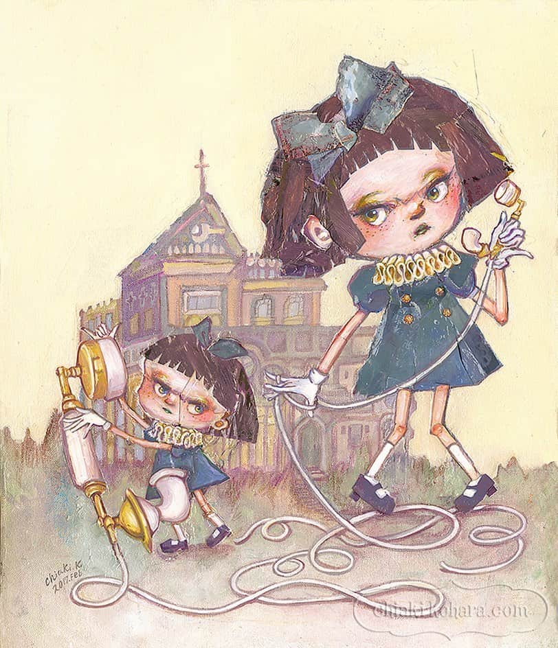 チアキコハラのインスタグラム：「《ほら、１２まで数えた。》 . #artwork#art #双子#twinscode #twins👭 #dolls #antiques_r_us # ribbon#phon#もしもし #dollhouse  #め #eyemakeup #ちょっとドールっぽい絵ですね。この感じすきです。」