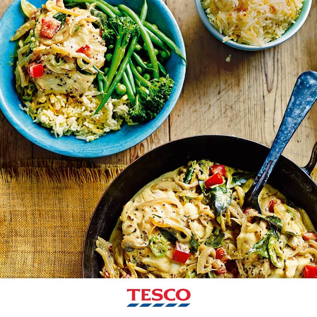 Tesco Food Officialさんのインスタグラム写真 - (Tesco Food OfficialInstagram)「You’re looking at your screen - but imagining the aromas of Sri Lankan-style fish curry wafting through your kitchen... For a healthier, flavour-packed night in you can’t go wrong. Try it and let us know what you think.  Ingredients 30ml (2 tbsp) groundnut oil 2 small onions, finely sliced 1 tbsp mustard seeds 1 tsp cumin seeds 20 fresh curry leaves 2 long green chillies, chopped 2½cm (1in) root ginger, grated 2 cloves garlic, crushed ½ tsp ground turmeric 300ml (½pt) fish stock 150ml (¼pt) light coconut milk 4 fillets firm white fish, skinless, 140g (5oz) each (cod, haddock, plaice, monkfish or turbot) 2 tomatoes, chopped For the saffron rice 250g (8oz) basmati rice 1 cinnamon stick pinch saffron or turmeric 5 cardamom pods 5 cloves To serve steamed green vegetables  Method Place the rice, 550ml (18fl oz) water, cinnamon stick, saffron, cardamom and cloves in a saucepan. Season with salt, cover with a lid and bring to the boil, reduce the heat and simmer gently for 10-12 minutes. Leave the lid on and remove from heat. Heat the oil in a sauté pan, add the onions and cook until lightly golden. Add the mustard seeds, cumin seeds and curry leaves, and cook for 2 minutes. Add the chillies, ginger, garlic and turmeric and cook for a further 2 minutes. Add the stock and coconut milk, bring to the boil and simmer. Gently place the fish into the curry sauce and cook for 5 minutes, turning the fish once. When you’re ready to serve, stir through the tomatoes. Remove the lid from the rice and gently fluff it up with a fork. Serve the curry alongside the rice and your favourite steamed green vegetables.」7月20日 23時03分 - tescofood