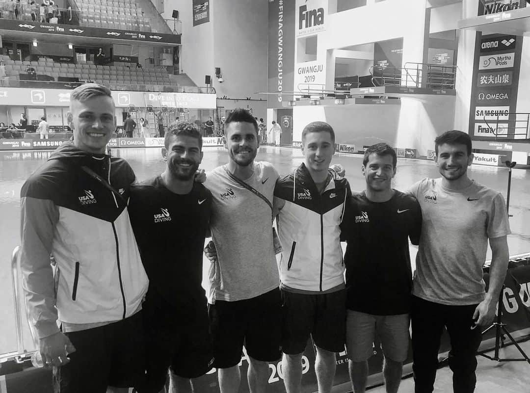 デービッド・ボウディアのインスタグラム：「Past and present Boilers at World Champs! Since I’ve been apart of @usa_diving, this has been the most successful trip to Worlds getting 7/12 spots for the US to compete at the Olympics in #Tokyo2020 Honored to be representing the red, white and blue and black and gold @lifeatpurdue @purduesports @purduedivers @fina1908 @teamtoyota @sidelinescout」