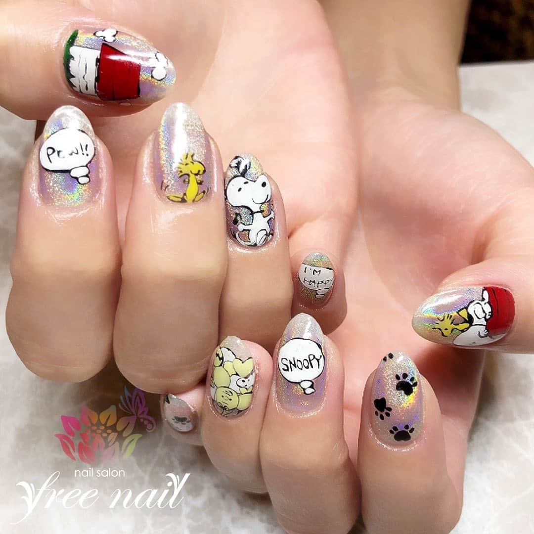 free nail フリーネイルのインスタグラム：「. お客様ネイル💅🏻🌻✨ . Snoopyネイル✨ . ユニコーンとスヌーピー🦄💗✨ 自分あげあげです💗✨ . ご来店ありがとうございました🙇🏻‍♀️🙇🏻‍♀️🙇🏻‍♀️💗 . #ネイル #フリーネイル #ネイルアート #ジェルネイル #ネイルサロン #大阪ネイルサロン #ネイルデザイン #ネイルチェンジ #キャラクターネイル #スヌーピーネイル #ユニコーンネイル #グリッターネイル #snoopy #デザインネイル #シンプルネイル #トレンドネイル #おしゃれネイル #夏ネイル #美甲 #日式美甲 #summernails #nailsart #nailsalon #nailsdid #newnails #newnail #freenail」