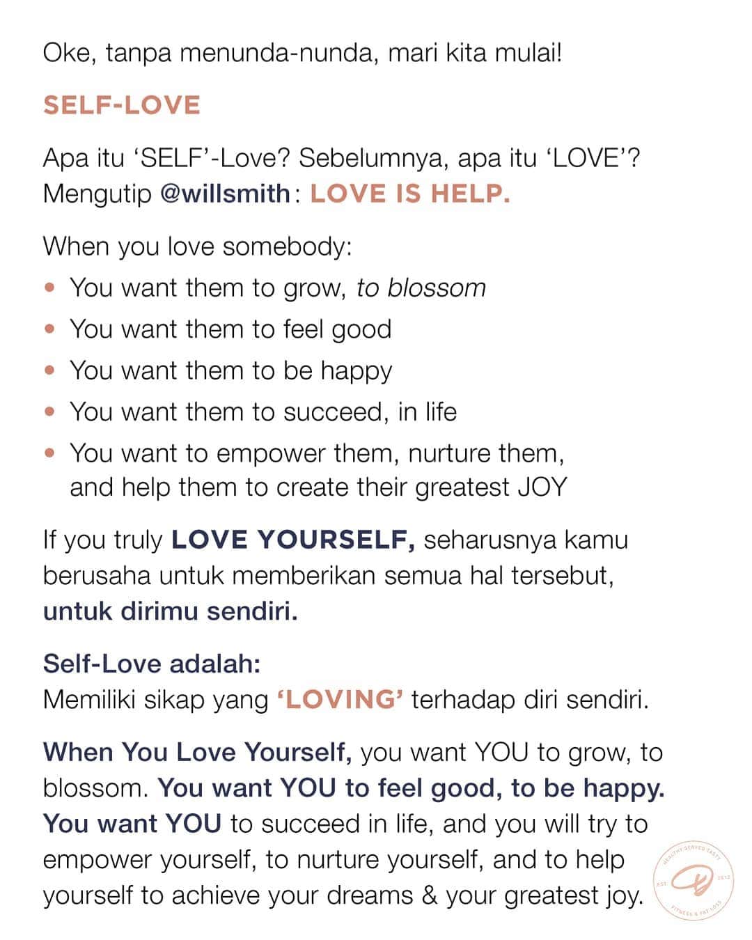 エリッサ・ヤマダさんのインスタグラム写真 - (エリッサ・ヤマダInstagram)「Ketika kamu melarang diri sendiri untuk melakukan hal-hal yang kamu tau akan membuatmu marah atau kecewa dengan dirimu sendiri, that's #selflove.  Ketika kamu merelakan 'kesenangan sementara', sebagai harga untuk mendapatkan 'Long-Term SELF-RESPECT', that's #selflove. - This #SmartDieter article by @dapurfit was inspired by one of my favorite hoomans, @willsmith.」7月21日 18時21分 - elleyamada