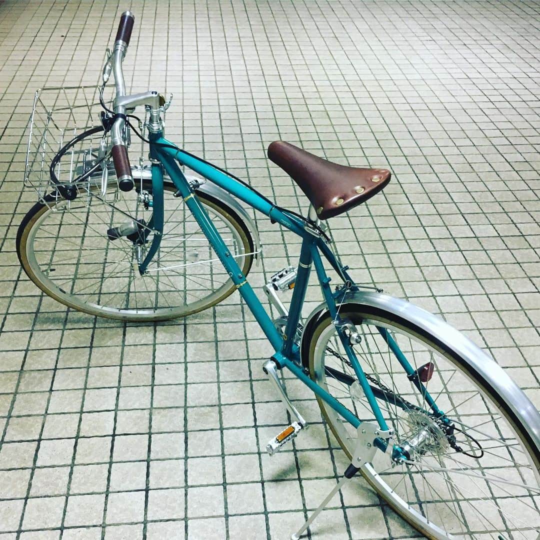大鋸一正のインスタグラム：「新しい自転車を買ってもらった。名前はウィルフレッド。『ちびねこのチュチュと、スプーンのあかちゃん』に登場する緑のトカゲ。」