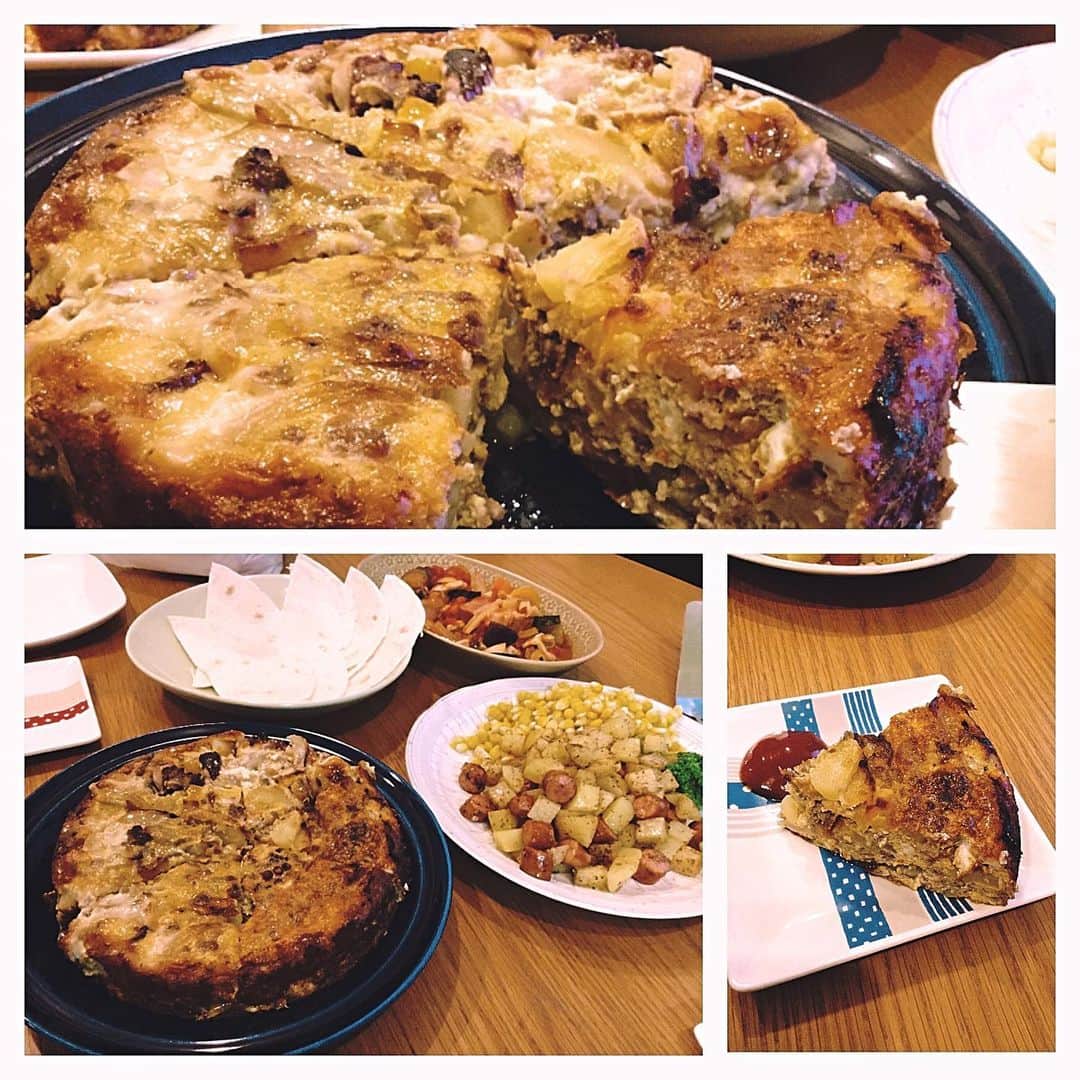 佐藤智美のインスタグラム：「タコ料理🐙シリーズ〜その③〜 タコ入り🐙トルティージャ✨ 塩味のきいたタコとチーズのハーモニー🎶 タコは何にでも合う… #トルティージャ  #タコ料理  #今日の晩御飯 #チョリソコンパパス  #ラタトゥイユ」