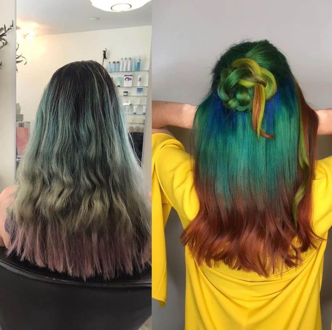 CosmoProf Beautyさんのインスタグラム写真 - (CosmoProf BeautyInstagram)「Transformation from faded, to FABULOUS🙌😍⁣ ⁣ Hair by @katarzynahorst using all @guytang_mydentity products with @olaplex⁣ 1️⃣ Color remover on the black/blue part for 30 minutes, then lightened using #Magnum8 with 20 Vol 1:2 ratio with @olaplex No. 1 & @olaplex No. 2 on the green part to prevent lightening that color⁣ 2️⃣ Lightened the roots with #Big9 with 6 vol with @olaplex No. 1, then lightened the ends using Magnum8 with 6 Vol & @olaplex No. 1. After Rinsing and washing, I used @olaplex No. 2 for 20 minutes⁣ 3️⃣ On the roots, I used #Mydentity Direct Dyes Mystique Blue & Arctic Blue equal parts⁣ 4️⃣ Mids: 40 gr Green Aurora with 10 gr Mint Steel & Phoenix Fire on the ends⁣ 5️⃣ For the top of the hair, using the Star Sectioning technique, I used 50 gr Green Aurora, 10 gr Mystique Blue &10 gr Mint Steel for the roots, Green Aurora & Mint Steel equal parts for the Mids & Lightning Bolt on the Ends⁣ 6️⃣ Finished using @olaplex 4-6.⁣ ⁣ Use #olaplexeveryservice to keep hair healthy throughout the transformation process 👌 Find the NEW Olaplex No.7 coming to #cosmoprofbeauty July 23rd! ⁣ #repost #licensedtocreate #hairmakeover #hairtransformation #vibranthair」7月21日 22時30分 - cosmoprofbeauty