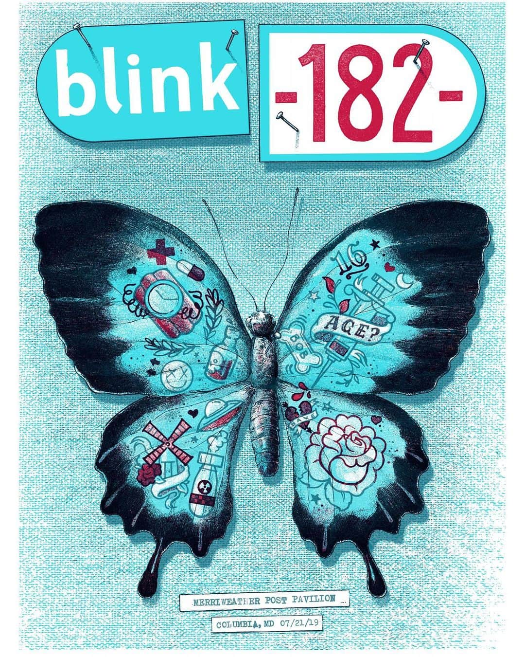 blink-182さんのインスタグラム写真 - (blink-182Instagram)「Alright we’re here in Columbia, MD tonight @merriweatherpp. Don’t forget to think about me and I won’t forget you. 🎶 🦋 Poster by @lukedrozd」7月22日 7時58分 - blink182