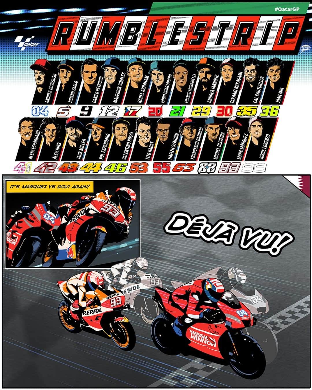 MotoGPさんのインスタグラム写真 - (MotoGPInstagram)「Welcome to the 2019 #MotoGP comic strip! 🏁 // Let the #RumbleStrip begin 🚀 Round 1 #QatarGP 🇶🇦 - Déjà vu 🔄」7月22日 16時01分 - motogp
