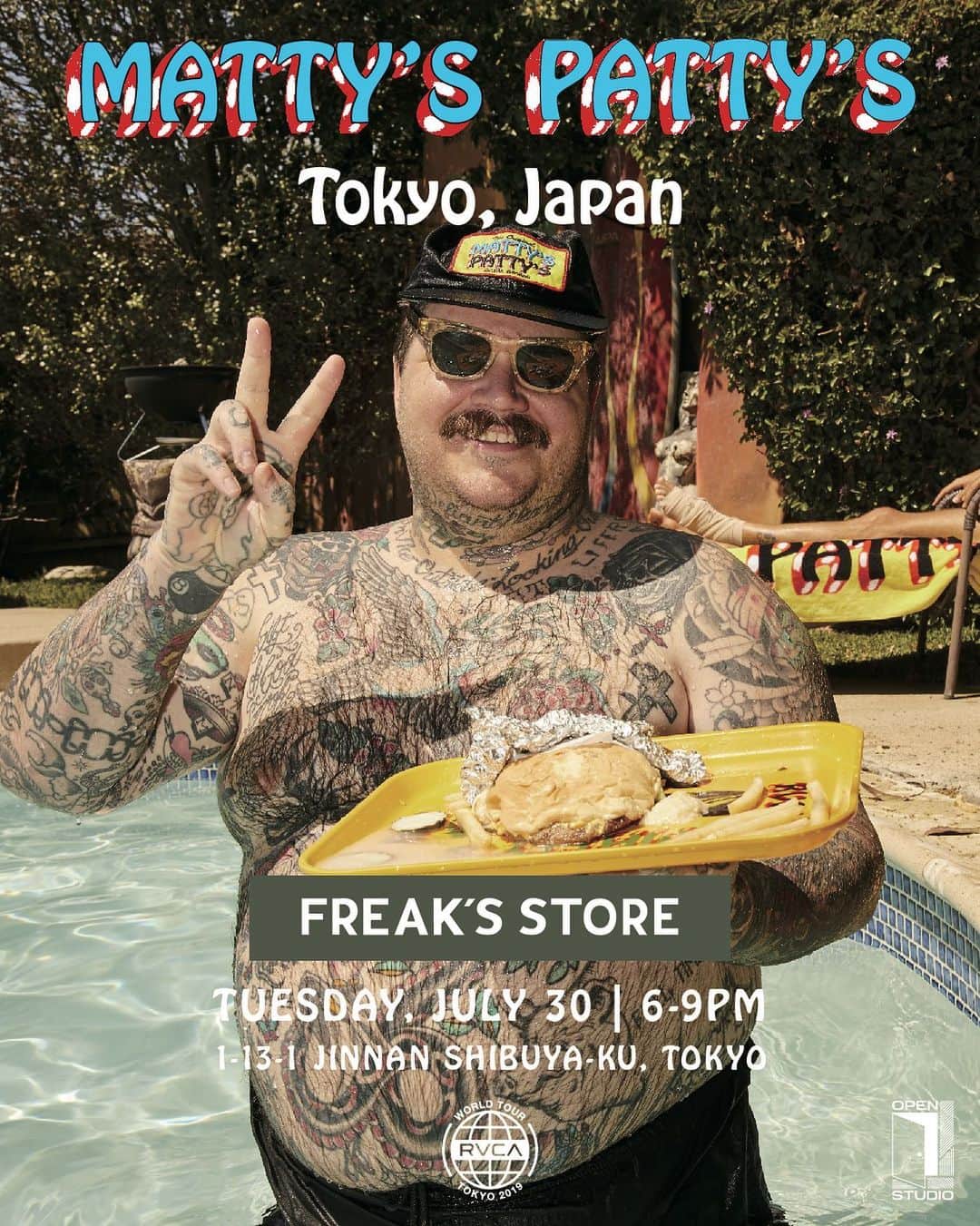 のインスタグラム：「|| MATTY’S PATTY’S  #RVCATokyo|| ニューヨークタイムズのベストセラー作家であり、コメディアン、シェフ、レストラン経営者である @mattymatheson（マティー・マセソン）とのコレクション "Matty's Patty's Collection" の発売を記念したイベントが @freaksstore_shibuya 併設ギャラリー @openstudio_gallery にて開催。Vice による食の探求コンテンツ「MUNCHIES」に定期的に出演したり、とにかく美味しいものを求めるバーチャルツアーガイド役として VICELAND シリーズの「 It's Suppertime!」のホストも務める彼が、この日のために来日し、皆様の為に特製ハンバーガーを数量限定で振舞います。 300のパティとアメリカンチーズ、史上最強のコンビネーションの特製のソースから成る150個のダブルチーズバーガーはあなたのNo.1バーガーの座を射止めることでしょう || なお FREAK'S STORE では "Matty's Patty's Collection" の TOKYO LIMITED アイテムが販売予定です || #RVCAWorldTour #RVCA ー>﻿ ﻿ ■Date & time﻿ 2019年7月30日（火）6:00PM - 9:00PM ﻿ ﻿ ■Location﻿ OPEN STUDIO （FREAK'S STORE 渋谷併設ギャラリー）﻿ （東京都渋谷区神南1-13-1） ﻿ ﻿ ■Special Thanks﻿ @pabst.japan / @crystalgeyser.jp」