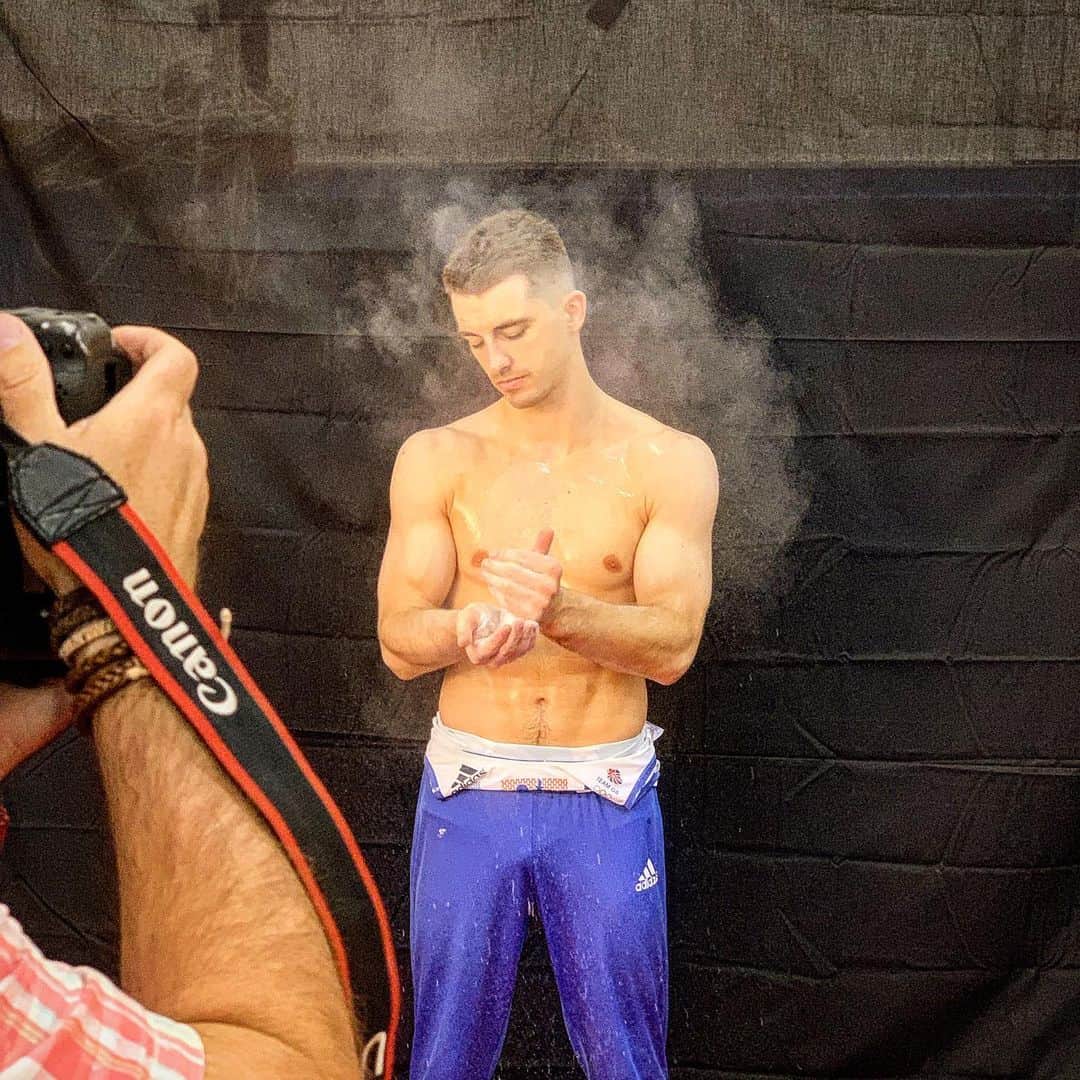 マックス・ウィットロックのインスタグラム：「#BTS - great shoot today after training, looking forward to showing the finish article 😊👍 . #gym #gymnast #gymnastics #training」