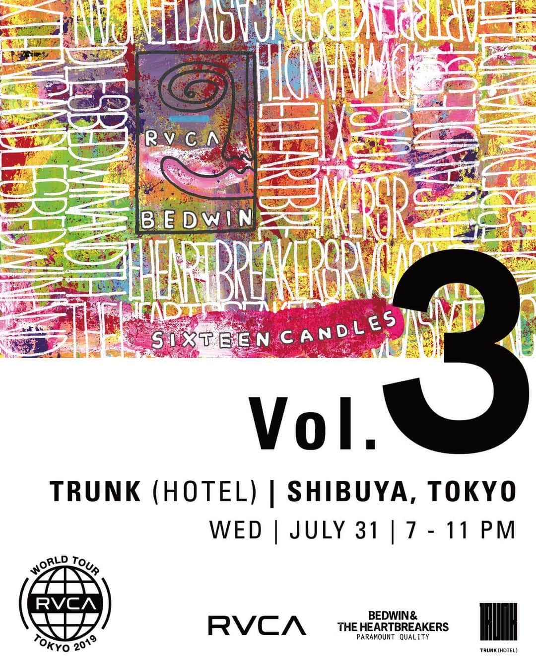 のインスタグラム：「|| SIXTEEN CANDLES / BEDWIN & THE HEARTBREAKERS #RVCATokyo || BEAUTIFUL LOSERS "NOW & THEN TOKYO" の開催を祝し、 RVCA と BEDWIN & THE HEARTBREAKERS により不定期で開催されていたイベント "SIXTEEN CANDLES" が TRUNK (HOTEL) にてアフターパーティーとして開催決定！ DJにはGem とAtsuko Satori の二人からなるユニット PALM BABYS と RVCA ではお馴染みのレジェンド DJ Nori を迎えてアートショーの熱気をそのままに夏の夜を盛り上げます。イベントはフリーでどなたでも来場可能ですので BEAUTIFUL LOSERS "NOW & THEN TOKYO"オープニングに参加できないと嘆いていたアナタはぜひこちらに || @bedwin_official @baanai_art || #RVCAWorldTour #RVCA ー>﻿ ﻿ ﻿ ■Date & time﻿ 2019年7月31日（水）7:00PM - 11:00PM ﻿ ﻿ ■Location﻿ TRUNK (HOTEL)﻿ （東京都渋谷区神宮前5-31） ﻿ ﻿ ■DJ﻿ DJ Nori @norihisamaekawa / @palmbabys ■Special Thanks @pabst.japan」