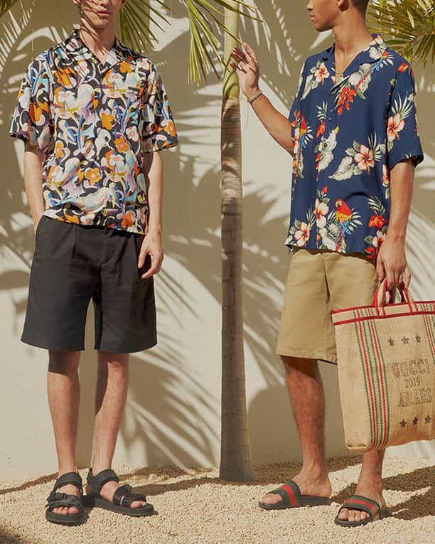 MR PORTERのインスタグラム：「Don't panic! If you still don't know what to pack for your holiday, we're here to help. Head to the link in bio to discover the last-minute summer buys the MR PORTER team are getting behind.⁠ ⁠ -⁣⁠ 🛒 Left: @Prada Shirt (1095769), @StellaMcCartney Shorts (1111426) and Prada Sandals (1112890). Right: Rhude Camp-Collar Shirt (1091196), @AcneStudios Shorts (1106826), @Gucci Slides (1092227), Gucci Tote Bag (1093397), @bunneyofficial Bracelet (1127165) available now via the link in bio. #MRPORTER⁣⁠」