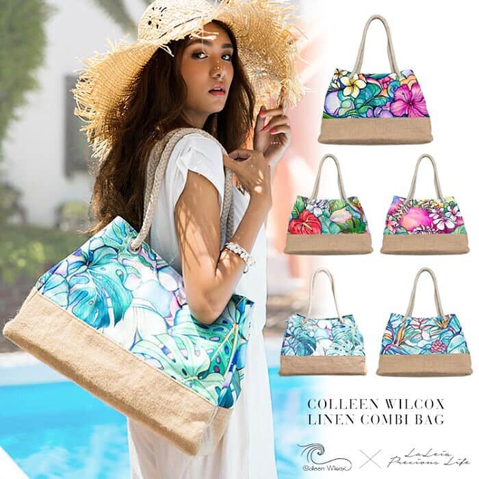 ラレイアのインスタグラム：「🌺 おかげ様で発売より2年経つロングセラーのColleen Wilcoxアートデザイン #麻コンビバッグ 😍✨ ・ 今年の🆕デザインも登場しました！ ・ さらに💙 今なら #楽天 サイトでお買い物マラソンセールも開催中💓 ・ 全品ポイント20倍&おまとめクーポンも配布中です❤︎ ぜひCheckしてみてください😊🌴 @laleia_official  @colleenwilcoxgallery_jp  #colleen#colleenwilcox#art#hawaii#aloha#surf#beach#fashion#laleia#ハワイ#フォトジェニック#インスタ映え#インスタ女子#アロハ#ビーチ#海を感じる雑貨#ラレイア#アート#ビーチガール#サーフスタイル#大人カジュアル#ギフト#プレゼント#楽天#バッグ」