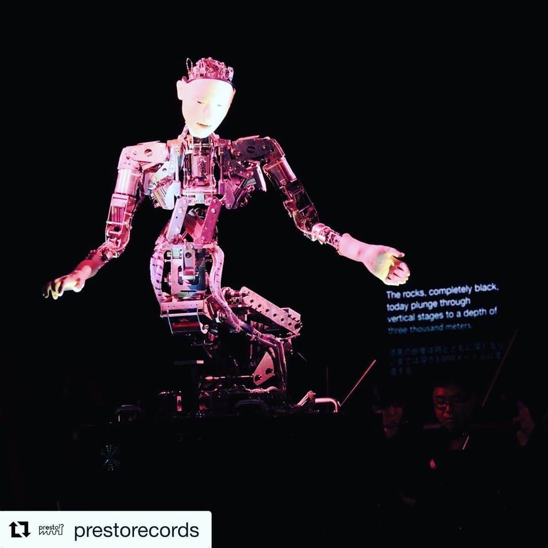 渋谷慶一郎のインスタグラム：「ロレンツォセニのレーベル PrestoがScary Beautyを。 #Repost @prestorecords with @get_repost ・・・ ⁣⁉️”Scary Beauty” by Keiichiro Shibuya is one of the artworks available in our print series, an exclusive photo from the Japanese composer’s android opera premiere.⠀ ⠀ Get the poster in 70x100cm format on the merch page of our bandcamp & stay tuned, for we will soon share some news about this masterpiece.⠀ ⠀ ⁉️ Keiichiro Shibuya is an iconoclastic Japanese composer and pianist, known internationally for his renowned vocaloid opera, The End, composed for Japanese virtual popstar Hatsune Miku.⠀ ⠀ His new opera experiment, Scary Beauty, is composed for Skeleton, one of the world’s most sophisticated robots, singing onstage and personally conducting the orchestra.⠀ #tenyearsoftomorrow」