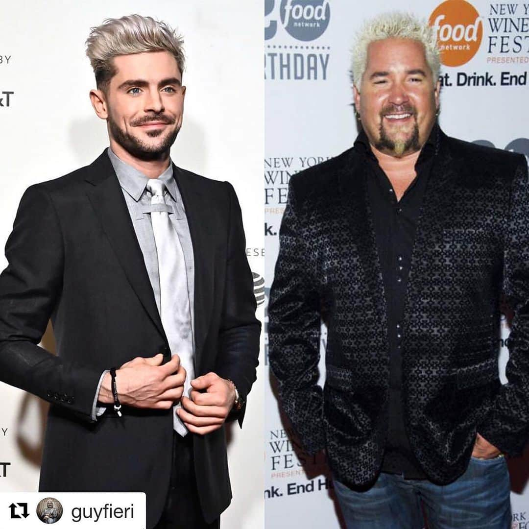 ザック・エフロンのインスタグラム：「#Repost @guyfieri next time you’re in LA I’ll take you to #flavortown 👨‍🍳 . . . They say imitation is the sincerest form of flattery 😂 @zacefron」