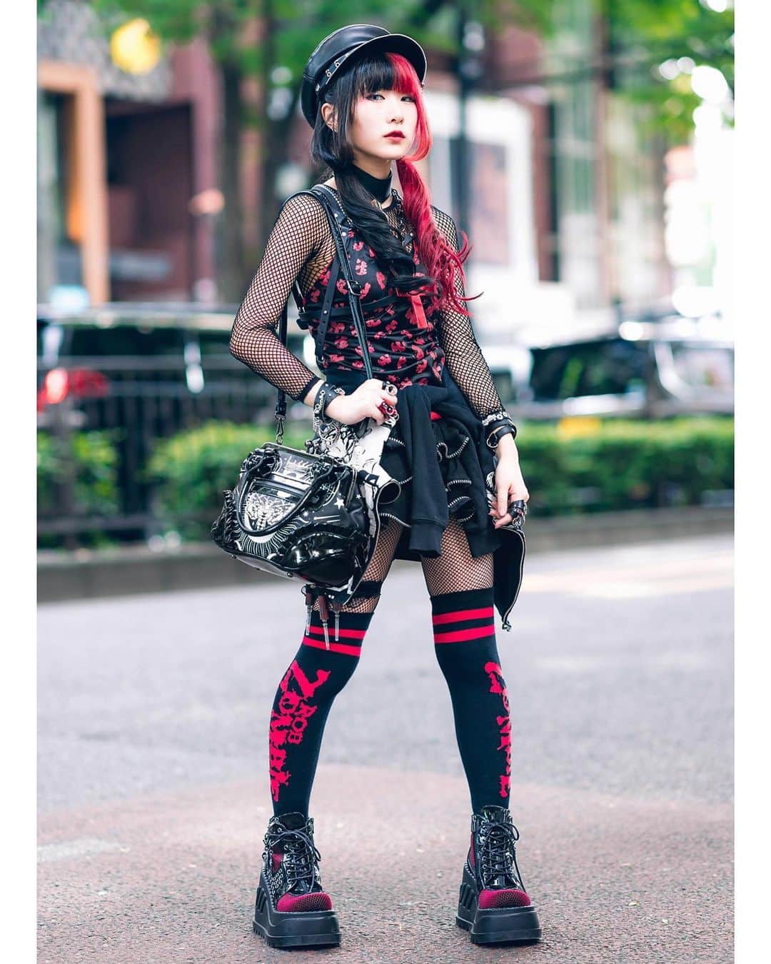Harajuku Japanさんのインスタグラム写真 - (Harajuku JapanInstagram)「17-year-old Japanese student Remon (@remon1103) on the street in Harajuku wearing a red and black gothic style with a leather hat, Hyper Core jacket, Glavil fashion, Killstar bag, Brindle leather armor rings, and Demonia platforms with Rob Zombie socks.」7月23日 23時35分 - tokyofashion