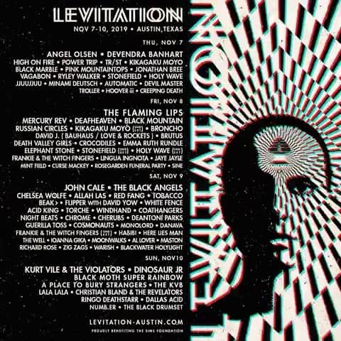 A Place to Bury Strangersのインスタグラム：「#Repost @levitation ・・・ Over 40 artists have been added to the LEVITATION 2019 lineup! THE FLAMING LIPS, MERCURY REV, TOBACCO, TR/ST, BEAK>, WINDHAND, FLIPPER (with DAVID YOW), THE COATHANGERS, DAVID J. (BAUHAUS + LOVE & ROCKETS), BLACK MARBLE, GUERILLA TOSS, NIGHT BEATS + so so many more! Tickets: bit.ly/LEVITATION (link in bio)」