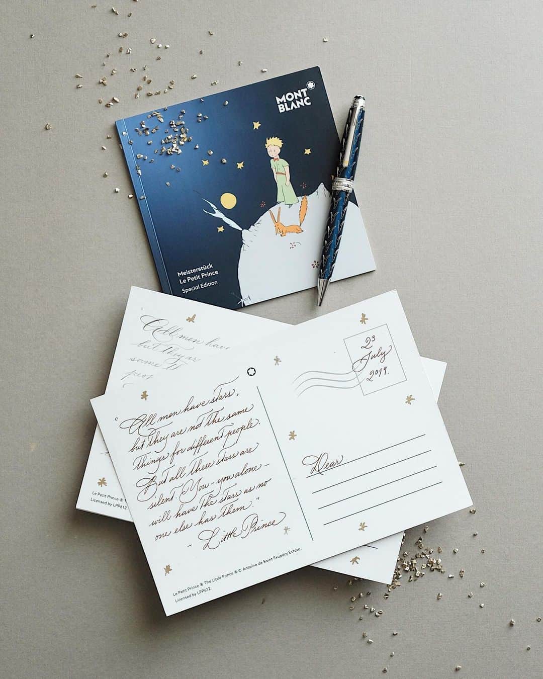 のインスタグラム：「I will be writing postcards at Montblanc Pacific Place Jakarta tonight from 7-9 PM for the launching of #littleprince Aviator collection. Drop by and say hello if you are in the area 🙋🏻‍♀️ — #montblanc #littleprince #truffypi #vhcalligraphy #fountainpen #postcard #postcardwriting #limitededition #calligrapher  #montblanc_sea #montblanclittleprince #dream #stars #montblancpartner」