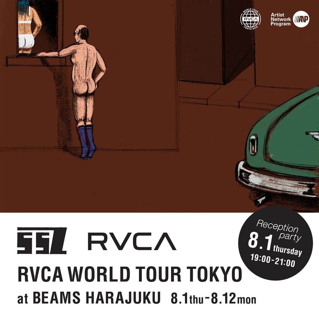 のインスタグラム：「|| SSZ x RVCA #RVCATokyo || 今の感覚でサーフ&スケート特有の世界、スタイルを生み出している " #SSZ " は2016年にビームス サーフ、スケートカテゴリーのバイヤー加藤忠幸氏 @katoyasai が、デザイナー兼ディレクターとしてスタートさせたブランド。 そんな "SSZ" と 同じく独自の世界観でサブカルチャーとコネクトし続ける RVCA のコラボレーションコレクション"SSZ x RVCA"が登場 || Alexis Ross によるアートや RVCA ANP ロゴにギミックやウィットが取り入れたアイテムたちは着る度にそのスパイスが癖になること間違いなし。もちろんアイコニックな黄色いリーガルパッドもパッチなどに使用されている。また、このコレクションを記念した Zine も同時リリース。加藤氏自身の言葉でその思いを綴り、手渡したいという気持ちからスケートした zine の歴史は10年以上。このコレクションの発売を記念し、アーカイブを含めたそれらの Zineが @beams_harajyuku_official に一挙公開される。初日8月1日（木）7-9PMにてどなたでも参加可能なレセプションパーティーも開催 || サーフィンやスケートから生まれたファッションとそこから派生するアート、音楽をこよなく愛し続ける加藤氏はまさに "SSZ" そのもの。 そんな彼が作るスタンダードを発信するシンボリックなコミニケーションツールとも言える、服、 zine そしてRVCAスパイスが加えられた "SSZ x RVCA" をぜひお楽しみください || @beamus_official #RVCAWorldTour #RVCA ー>﻿ ﻿ ■Date & time﻿ 2019年8月1日（木）- 8月12日（月）﻿ ※初日8月1日（木）7- 9PMにてどなたでもご参加いただけるレセプションパーティーを開催﻿ ﻿ ■Location﻿ BEAMS 原宿 （東京都渋谷区神宮前3丁目24-7） ﻿ ﻿ ■Special Thanks﻿ @crystalgeyser.jp﻿ / @bintangbeer_japan ﻿」