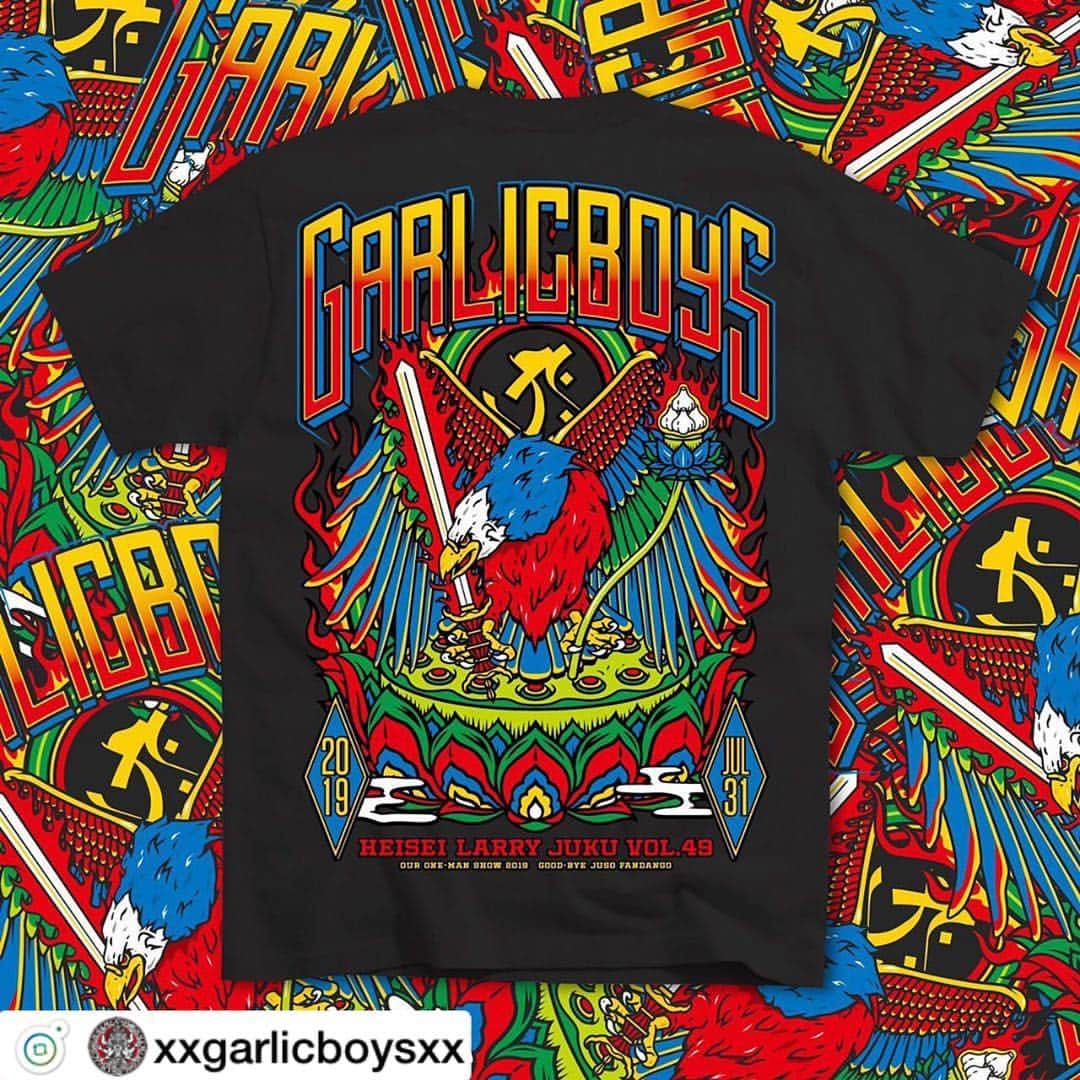 Larry のインスタグラム：「画像はバックプリント 【限定Tシャツ!!】﻿ 2019.07.31 Wed﻿ 第四十九回 平成ラリー塾 ～GARLICBOYS﻿ "俺たちのワンマン2019・さよなら十三FANDANGO"﻿ ﻿ 当日限定Tシャツは、十三とFANADANGOとGARLICBOYSが融合したスペシャルデザイン!!﻿ ﻿ デザインは @kishi_kouji  #garlicboys」