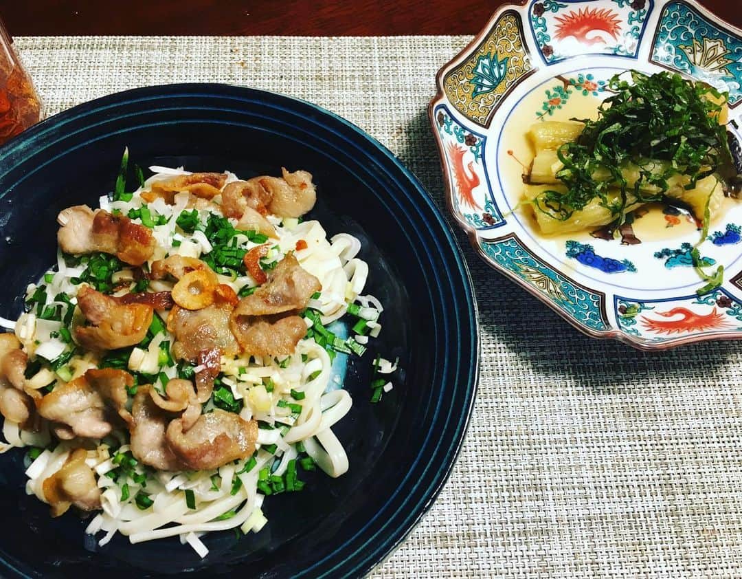 小橋めぐみのインスタグラム：「今夜は、さっぱり&スタミナ料理🍴 カリカリ豚と野菜のうどん 冷やしナスの中華風ソース うどんは、ネギとニラたっぷり、 豚バラとニンニクは、ごま油で、カリカリっと。醤油、ジャッとかけて、ツルッといただく一品。 ナスは充分焼いてから、氷水で冷やし、中華風ソースにつけて冷蔵庫で更に。シソ大好きなので、たっぷりかけて。 #梅雨明けはまだか」