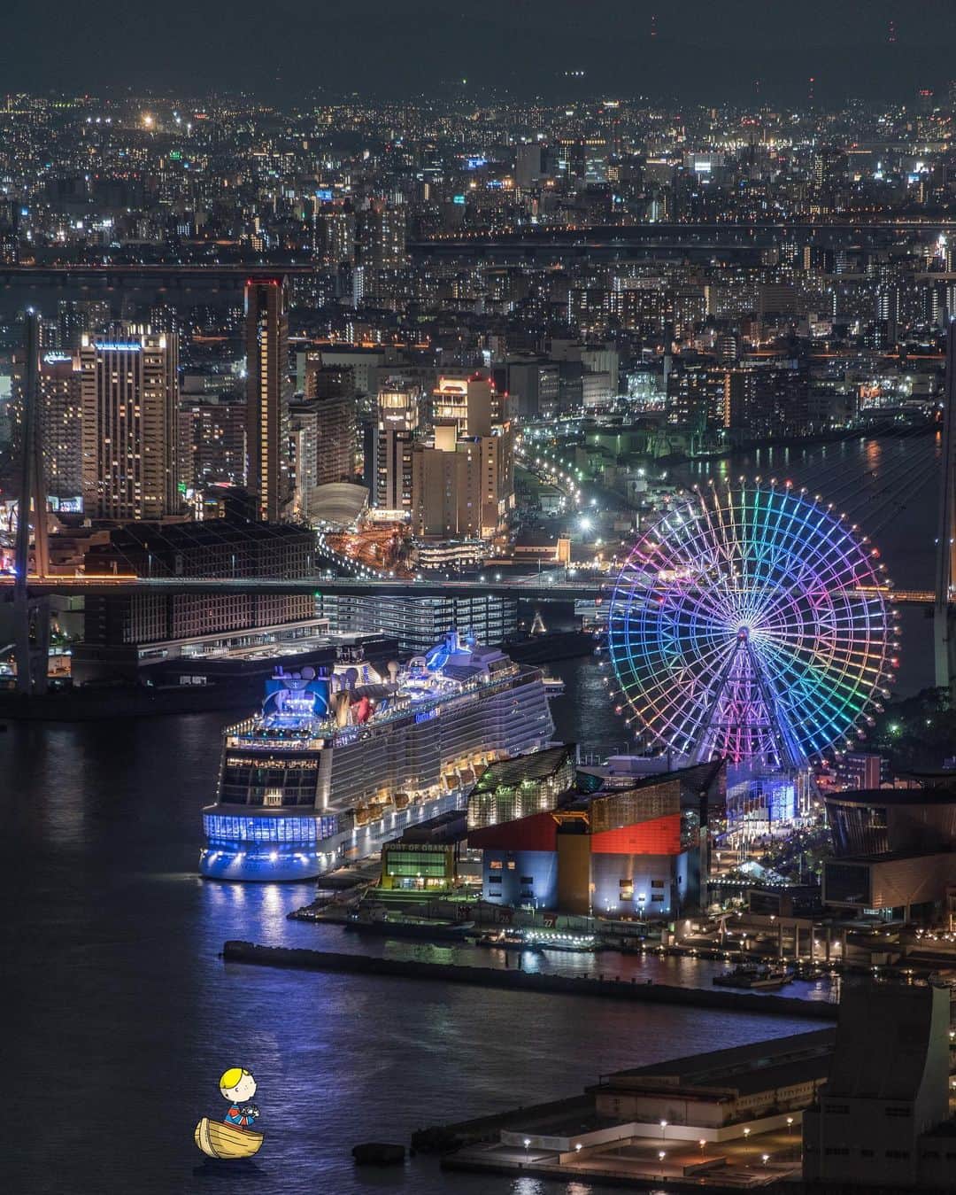 Osaka Bob（大阪観光局公式キャラクター）さんのインスタグラム写真 - (Osaka Bob（大阪観光局公式キャラクター）Instagram)「Glowing in rainbow hues, Tempozan is gorgeous from above. Here’s the view from Cosmo Tower’s observation deck🌈 ⠀⠀⠀⠀⠀ コスモタワーの展望台から眺める天保山の夜景にうっとり。。。 ⠀⠀⠀⠀⠀ ————————————————————— #maido #withOsakaBob #OSAKA #OsakaJapan #大坂 #오사카 #大阪  #大阪観光 #visitjapan2019 #tourism #sightseeing #travelgram #travelinjapan #osakatrip #Оsака #Осака #โอซาก้า  #大阪旅行  #오사카여행 #日本景點 #tempozan #cosmotower #コスモタワー #天保山」7月23日 23時03分 - maido_osaka_bob