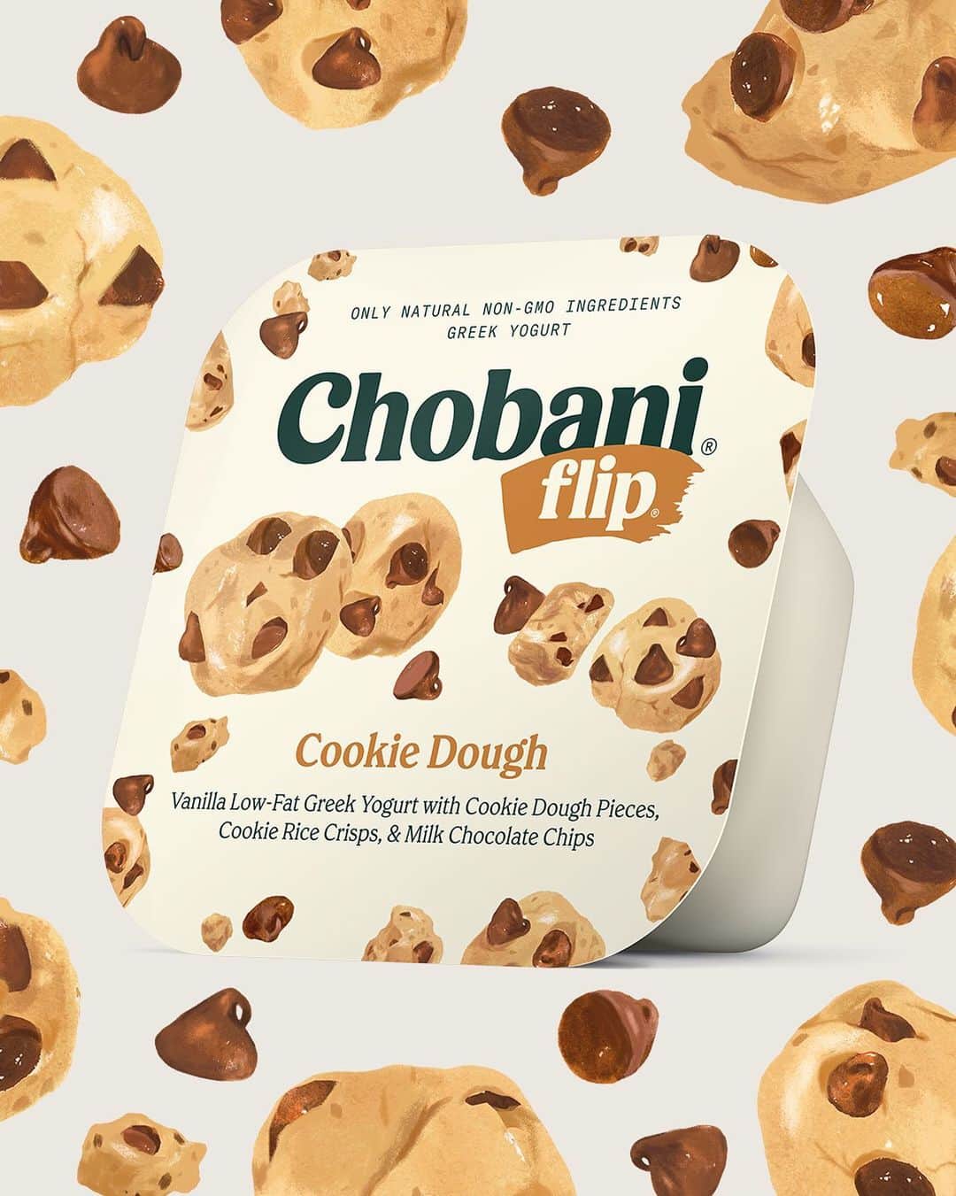Chobaniのインスタグラム：「Did you guess right? Our latest Chobani Flip flavor is Cookie Dough, made with Vanilla Low-Fat Greek Yogurt, cookie dough chunks, cookie rice crisps, and milk chocolate chips. No baking required. Tag someone who licks the batter off the spoon. Check out our #Stories to guess our next flavor.」
