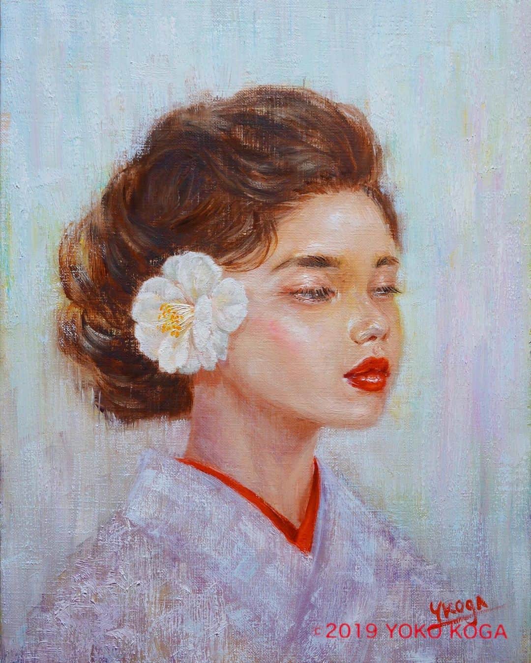 古賀陽子のインスタグラム：「“The White Camellia” 2019, oil on canvas, 40.9cm×31.8cm "白椿" F6号  #人物画 #絵 #アート #ギャラリー #画家 #油絵 #カラー #portrait #figurepainting #figure #gallery #artist #portraitartist #painting #art #artwork #oilpainting #artstagram #instapainting #instajapan #instaart #instaartist #exhibition #exhibit #girl #color #beauty #アート好きな人と繋がりたい #古賀陽子 #yokokoga」