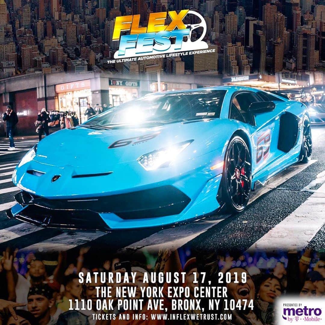 ファンクマスター・フレックスのインスタグラム：「FLEX FEST 2019 presented by @metrobytmobile . GET YOUR TICKETS ON INFLEXWETRUST.COM @flexfestofficial . ‪ 𝙏𝙄𝘾𝙆𝙀𝙏𝙎 & 𝘾𝘼𝙍 𝙎𝙃𝙊𝙒 𝙍𝙀𝙂𝙄𝙎𝙏𝙍𝘼𝙏𝙄𝙊𝙉 𝙄𝙉 𝘽𝙄𝙊: - GENERAL ADMISSION = $40 - VIP (INCLUDES ARTIST/VIP LOUNGE ACCESS, BALCONY ACCESS, & FAST ENTRY)= $150 . 𝙁𝙐𝙉𝙆 𝙁𝙇𝙀𝙓 𝘼𝙇𝙊𝙉𝙂𝙎𝙄𝘿𝙀: ‪FRENCH MONTANA‬ ‪DJ KHALED‬ TYRESE A$AP FERG ‪FAT JOE‬ TRIPPIE REDD HIGHBRIDGE THE LABEL ABOOGIE  DONQ TRAP MANNY LIL TJAY ERIC B & ‪RAKIM‬ CURREN$Y . TRACKS BY LIT DIGITAL DJS: BOBBY TRENDS, DJ RED ALERT, CHUCK CHILLOUT DJ SPAZO, DJ HR, TAT WZA . - CAR/TRUCK/MOTORCYCLE SHOW - FOOD TRUCKS - VENDORS . SATURDAY - AUG 17 ‬@litdigitaldjs The New York Expo Center📍 . @funkflex @joejaxson @d1320don @brianesr  #FlexFest  #FlexFest2019  #funkflex #newyorkexpocenter  #nyccarshow #nyc #lamborghini」
