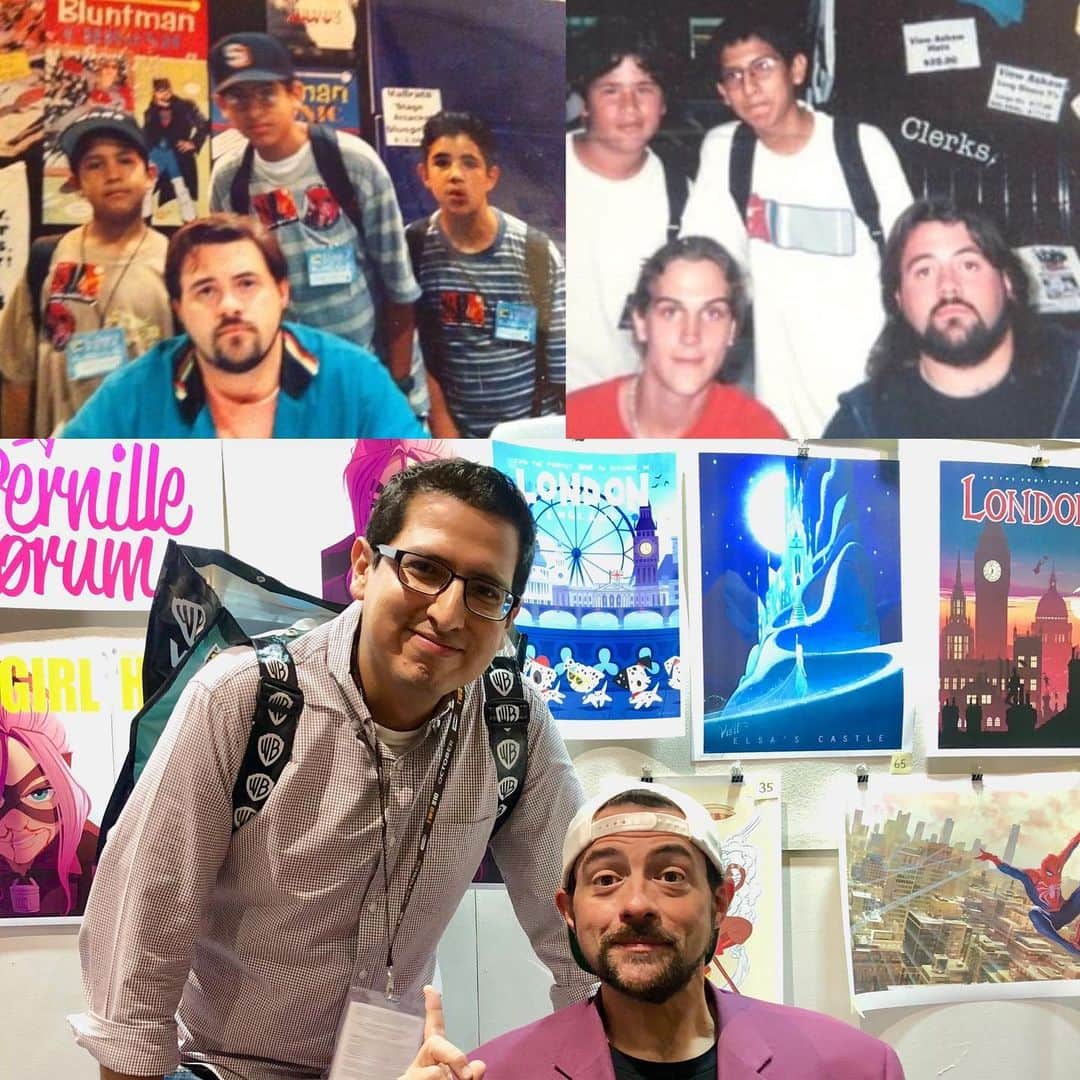 ケヴィン・スミスのインスタグラム：「I’ve been a @comic_con Man for so long that I’ve seen guests grow up! Case in point: @adam_tbg7. I was doing a #hitgirl signing on Sunday with @pernilleoerum when Adam re-introduced himself and whipped out these pics. The first image shows Adam and I when we met at the 1996 #comiccon! The second pic includes @jaymewes and was snapped at the Con 20 years ago, circa 1999. And the third picture was taken on Sunday, when I learned Adam Is now a Pharmacist! We’ve been taking pics for 23 years, during which time the kid went and aged on me! And I don’t know if it was the influence of @jayandsilentbob but Adam wound up in the field of legal drug distribution! This warmed my heart, man! I love being a tiny part of so many folks’ lives, or even a tradition. This is an aspect of the job I never imagined when I made #clerks. I’d hoped folks would sample my stuff, of course - but I never dreamed they’d make me a part of their lives! Thank you, Adam, for still taking an interest 23 years later! And thanks to all of you, who’ve been ride-or-die since the 90’s, or who just got interested in my silliness today! I started all this because I had something I wanted to say and I hoped there’d be an audience who’d listen. For a quarter of a century, whenever I’ve expressed myself in film or any other media, you’ve been there to make me feel like what I said mattered (even when I said “@yogahosers”). Let’s all grow old *together*, shall we? #KevinSmith #comiccon2019 #pernilleørum」