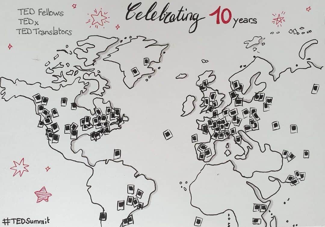TED Talksのインスタグラム：「We’re having a party! At the #TEDSummit conference in Edinburgh, TEDx, TED Fellows, and TED Translators are celebrating their 10th birthdays —  that’s two whole hands! To help us celebrate, TEDx organizer Emeline Parizel drew this sketch to highlight just some of the places this year’s attendees hail from (in full, we have people from 84 different countries here this week!). Where are you from? Tell us in the comments! And to get involved with @tedx_official, @tedfellow, or @tedtranslators, visit TED.com.  Image courtesy of @instamimile」