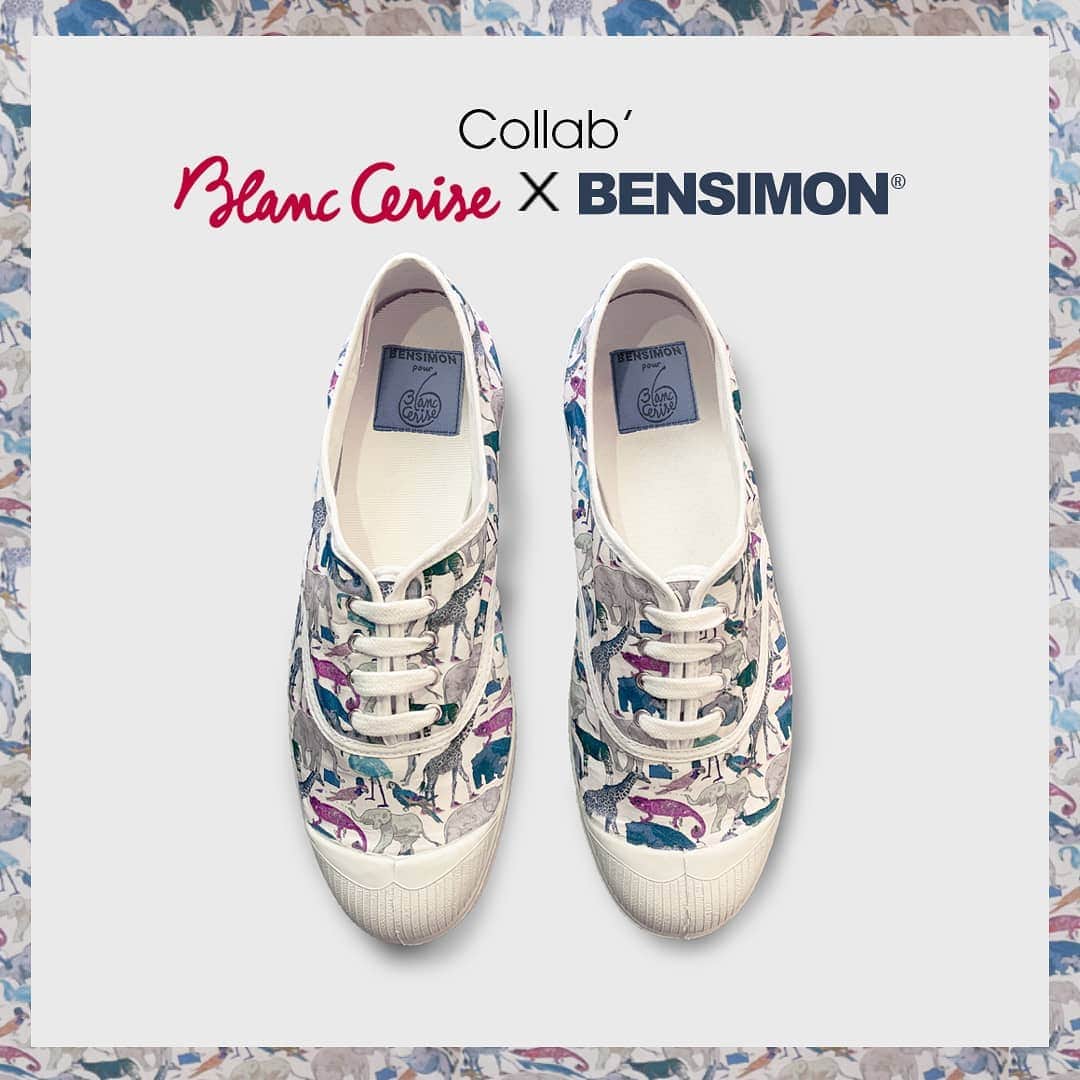ベンシモンのインスタグラム：「@blanc_cerise x Bensimon! L'imprimé savane de Blanc Cerise s'invite sur nos tennis iconiques pour une collab' unique! La créativité combinée de nos deux maisons s'exprime sur la toile de coton blanche, à travers un imprimé Liberty inspiré de la savane. 🐘 La tennis idéale pour réhausser une tenue casual! Notre collab' est disponible exclusivement sur l'e-shop 😉 🇬🇧 @blanc_cerise x Bensimon! The savannah print of Blanc Cerise is invited on our iconic tennis shoes for a unique collab'! The combined creativity of our two houses is expressed on white cotton fabric, through a Liberty print inspired by the savannah. 🐘 The ideal tennis to enhance a casual outfit! Our collab' is available exclusively on the e-shop 😉 #BlanccerisexBensimon #collab #tennis」