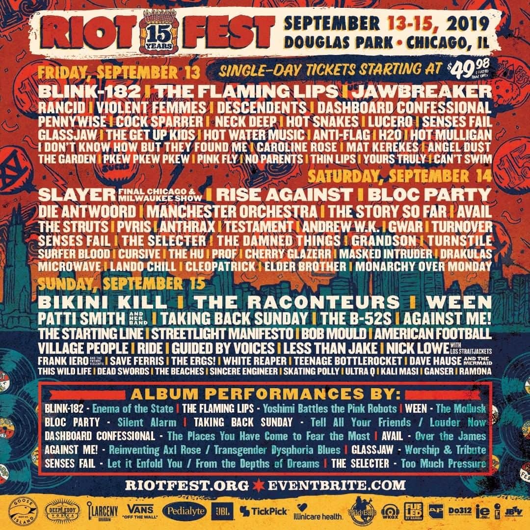 Alternative Pressさんのインスタグラム写真 - (Alternative PressInstagram)「Why go for one day when you can go to all three? We'll see you all at @riot_fest 2019 to celebrate 15 massive and wild years! 🤘⁠ LINK IN BIO for more details⁠ .⁠ .⁠ .⁠ #riotfest #riotfest2019 #riotfestchicago #punk #punkmusic #punkrock #punkrockmusic #blink182 #theflaminglips #jawbreaker #slayer #riseagainst #blocparty #bikinikill #theraconteurs #ween #alternativepress #altpress」7月25日 3時01分 - altpress