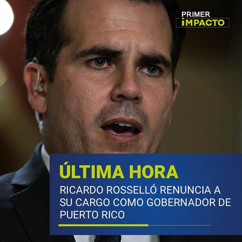 Primer Impactoさんのインスタグラム写真 - (Primer ImpactoInstagram)「🇵🇷 El gobernador de #PuertoRico Ricardo Rosselló renuncia a su cargo tras más de dos semanas de protestas en la isla. La dimisión se hará efectiva el próximo 2 de agosto según informó el mismo Rosselló en un mensaje a la nación.」7月25日 12時53分 - primerimpacto