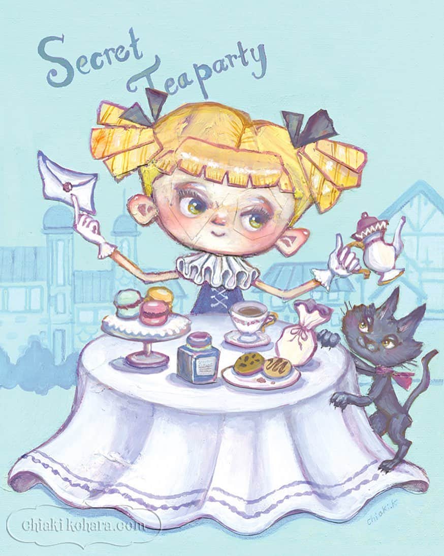 チアキコハラのインスタグラム：「《Secret Teaparty》☕️ . #不思議の国のアリス #aliceinwonderland #teatime#alice #たてろーるツインテール #macaron #ケーキ 🍰#黒猫#cat #art #artwork #lollyta #アリス #チアキコハラ」