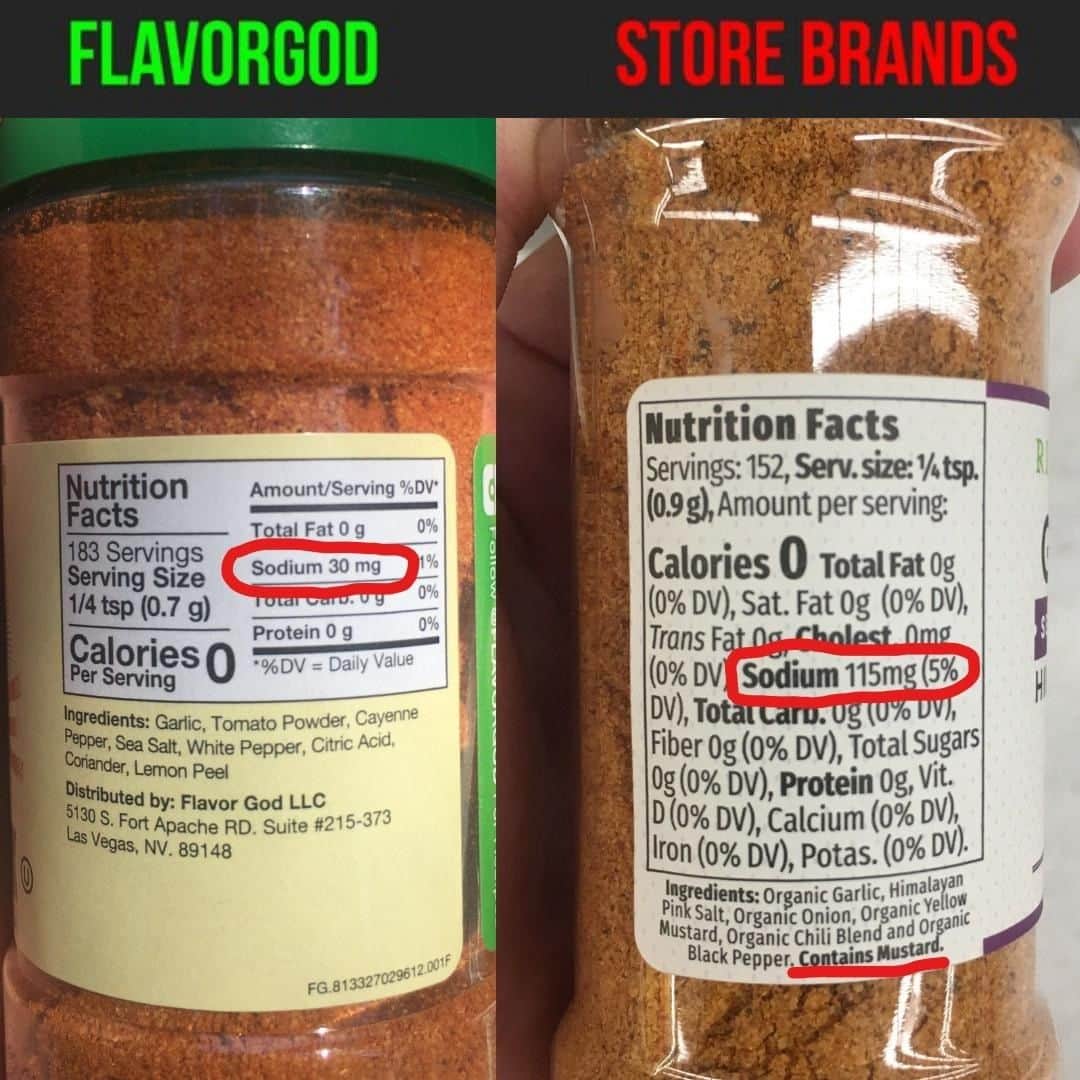 Flavorgod Seasoningsさんのインスタグラム写真 - (Flavorgod SeasoningsInstagram)「Do you check labels for Sodium??﻿⁠ -﻿⁠ A common question I get asked is if #flavorgod Seasonings are low in sodium. Checkout the the caprison above!⁠ -⁠ -⁠ When I created Flavorgod Seasonings my goals was to use only quality ingredients with freshness and flavor as the main factor. Not the bottom line.⁠ -⁠ Thank you for your support!⁠ -⁣⁠ ✅FREE SHIPPING (lower 48 states) with purchases of $50+⁣⁠ ✅FREE GIFTS AT CHECKOUT⁣⁠ ✅FRESH MADE SEASONINGS⁣⁠ ✅MANY DELICIOUS FLAVORS TO CHOOSE FROM⁠ -⁠ -⁠ #food #foodie #flavorgod #seasonings#glutenfree #mealprep #keto #paleo#vegan #kosher #breakfast #lunch#dinner #yummy #delicious #foodporn⁠ ⁠ ⁠ ⁠」7月25日 10時00分 - flavorgod