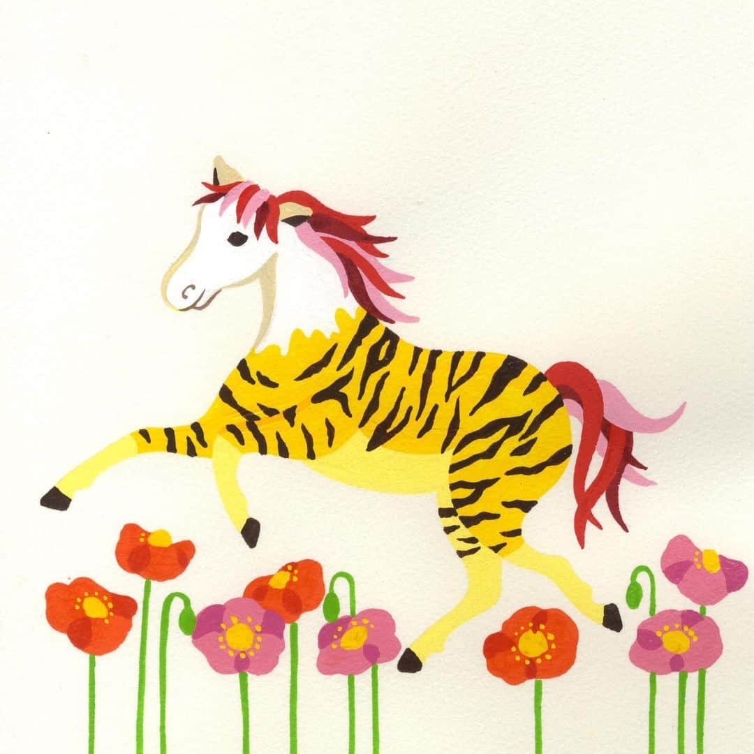 松尾たいこさんのインスタグラム写真 - (松尾たいこInstagram)「It’s an imaginary creature “Rokusho” in China. It’s look like horse and have a white neck. The body pattern is like a tiger with a red tail. The voice sounds like a song. I painted the scene of enjoying in the flower garden of poppy. 以前、NHK「まいにち中国語」の表紙でかいたものです。毎月中国の架空の生き物を描きました。これは、ろくしょう。馬に似ていて白い首、体の模様は虎で赤い尻尾。 #japaneseartist #liveintokyo #myartwork #acrylicpainting  #japanesepotter #art #illustration #artoftheday  #art_spotlight #artsanity  #iwouldloveto #soloexhibition #happyart #loveart #lovejapan #lovenyc #lovehongkong #lovedogs #アート #絵 #imaginarycreatures #china」7月25日 10時21分 - taikomatsuo