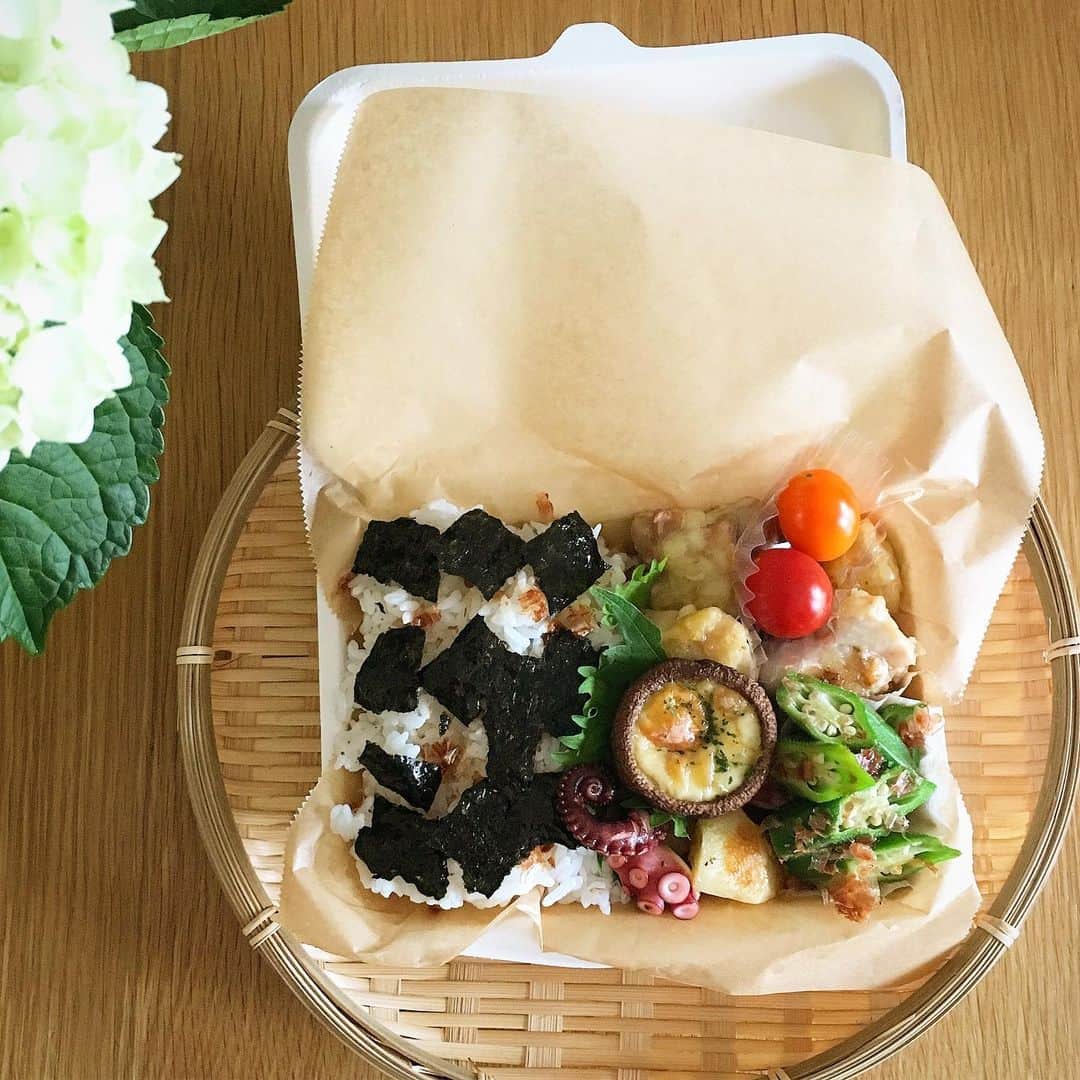 ecruのインスタグラム：「2019/07/25 (thu) 今日の息子のお弁当。 二段海苔弁に、鶏肉の柚子胡椒焼き、タコとじゃがいもの炒め物  など…。 ・ #gonben #お弁当 #obento #bento #lunch #lunchbox #food #foodpic #foodphoto #ごん弁当 #instafood #instagood #yummy #love #japan #japanesefood #大学生弁当 #thankyou #onthetable #日々 #暮らし #お弁当記録 #ランチボックス  #使い捨て弁当箱」