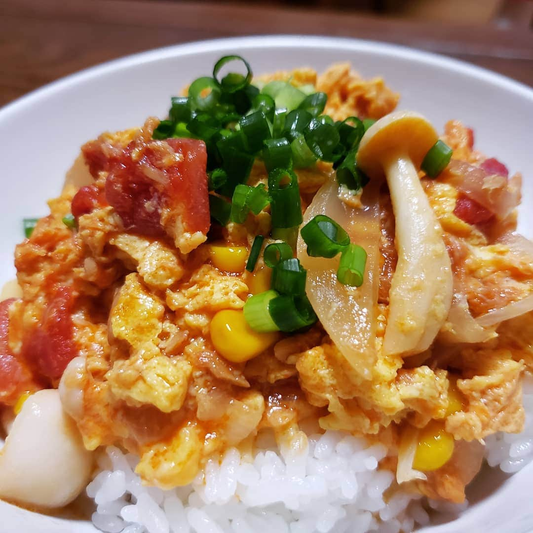 東朋宏さんのインスタグラム写真 - (東朋宏Instagram)「今日の料理は ｢ツナトマたまキノコとコーンの卵とじ丼‼️｣ 困ったときはとりあえず何でも入れてみる‼️(笑)  #薬酒インスタ対決 #男の料理 #簡単レシピ #tastyjapan #おうちごはん #ディナー #どんぶり #ツナ #トマト #たまご #コーン #きのこ #玉ねぎ #めんつゆ #子供に人気 #暑いとすぐ疲れる」7月25日 19時24分 - tomohiro_azuma