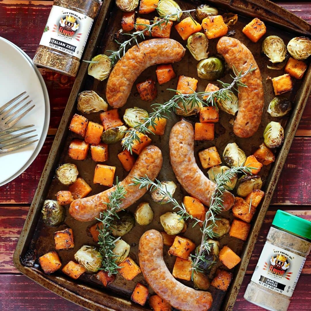 Flavorgod Seasoningsさんのインスタグラム写真 - (Flavorgod SeasoningsInstagram)「ROASTED ITALIAN SAUSAGE with BUTTERNUT SQUASH AND BRUSSELS SPROUTS⁠ -⁠ Hot and hearty all-in-one sheet pan meal ready in about 30 minutes. Features Flavor God ITALIAN ZEST and GARLIC LOVERS seasonings.⁠ #⁠ >From @paleo_newbie_recipes:⁠ #⁠ INGREDIENTS⁠ #⁠ 1 pound of peeled and cubed butternut squash (prepackaged if available)⁠ 10 ounces of halved Brussels sprouts⁠ 3 tablespoons of bacon fat or olive oil⁠ 1 1/4 pound Italian sausage (uncooked)⁠ 1-2 teaspoons of Flavor God ITALIAN ZEST⁠ 1-2 teaspoons of Flavor God GARLIC LOVERS⁠ Salt and pepper, to taste⁠ Drizzle of pure maple syrup (optional)⁠ #⁠ INSTRUCTIONS⁠ #⁠ Preheat oven to 425ºF⁠ ---⁠ In a medium bowl toss squash and sprouts with the bacon fat or olive oil, plus Flavor God ITALIAN ZEST and GARLIC LOVERS seasonings, and some salt and pepper to taste⁠ ---⁠ Spread everything out on a large rimmed baking sheet. IMPORTANT: Poke each sausage link with a knife several times before cooking.⁠ ---⁠ Roast about 30 minutes in 425ºF oven or until sausages have cooked through. Lightly drizzle everything with maple syrup if desired.⁠ -⁠ -⁠ #food #foodie #flavorgod #seasonings #glutenfree #mealprep  #keto #paleo #vegan #kosher #breakfast #lunch #dinner #yummy #delicious #foodporn」7月26日 8時00分 - flavorgod