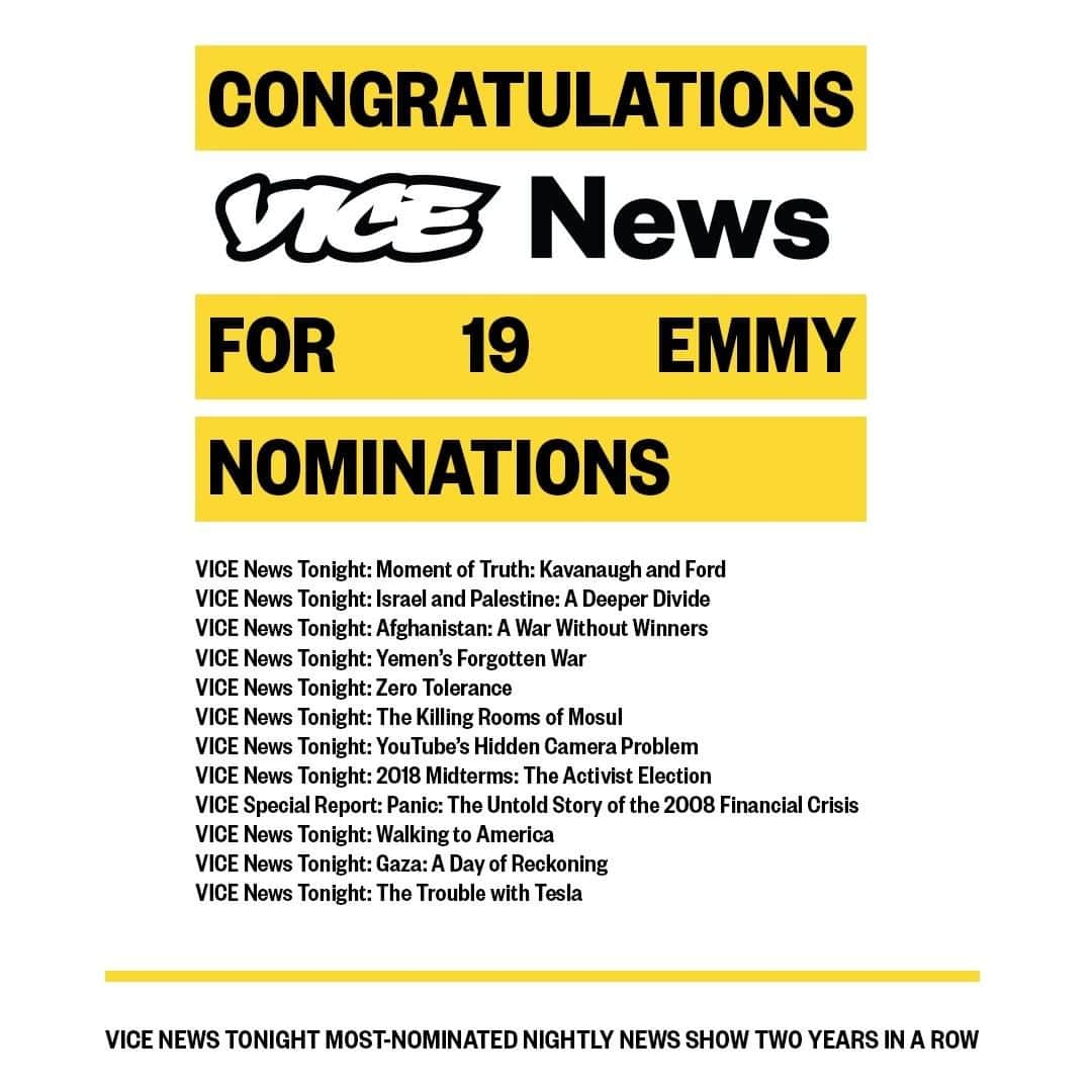 VICEさんのインスタグラム写真 - (VICEInstagram)「NINETEEN EMMY NOMINATIONS. FUCK YES, @VICENEWS! 💪  WATCH #VICENEWSTONIGHT AT 7:30 PM EST ON @HBO.」7月26日 3時21分 - vice