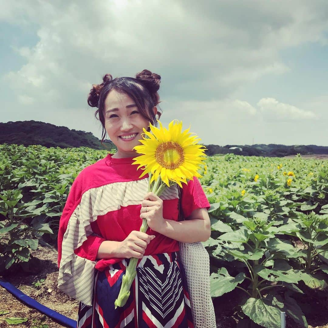 キンタロー。さんのインスタグラム写真 - (キンタロー。Instagram)「今日は良い天気ですね🌞﻿ ﻿ 昨日の秘密のケンミンSHOW 内﻿ 大人気トレンディドラマ﻿ 〜辞令は突然に〜﻿ #オカダカズチカ さんと夫婦役😍😍😍😍﻿ あぁん💓こんな優しくて強い旦那様最高❤❤ ﻿ 憧れのお姫様だっこも😆💓 本当に軽々と﻿ 持ち上げて下さり、 萌えを通り越し﻿ 鼻血からの気絶でした。﻿ ﻿ オカダさんの生き様✨﻿ 本当にかっこいいんですよね。﻿ 地元も岡崎市の隣町である﻿ 安城市なんです〜😍なんか嬉しいっ😆﻿ 自伝出されたら﻿ 絶対#フライングゲット しようと思います。﻿ ﻿ 京一郎さん (#水沢駿)とオカダさんと顔パネルもしましたっ😆💓﻿ ﻿ キラキラのひまわり畑でした〜🌻🌻🌻🌻﻿ ﻿ ﻿ 愛知県編に出演できて嬉しかったです﻿ #秘密のケンミンSHOW  様有難うございます﻿ ﻿ #岡崎市﻿ #安城市﻿ #知多市﻿ #観光農園花ひろば﻿ #魚太郎﻿ ﻿」7月26日 12時56分 - kintalo_