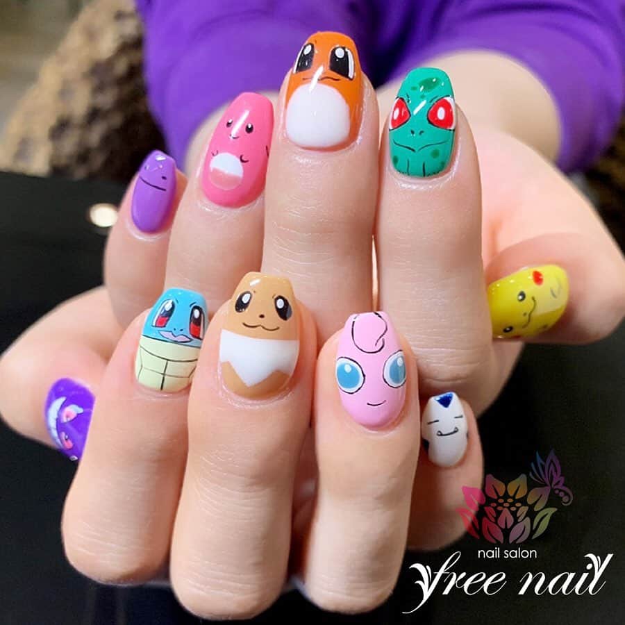 free nail フリーネイルのインスタグラム：「. お客様ネイル💅🏻🌻✨ . ポケモンネイル💛🧡💜💚💙✨ . 大好きなキャラクターと一緒なら いつでもHappyな気分に🥰💗✨ . ご来店ありがとうございました🙇🏻‍♀️🙇🏻‍♀️🙇🏻‍♀️💗 . #ネイル #フリーネイル #ネイルアート #ジェルネイル #ネイルサロン #大阪ネイルサロン #ネイルデザイン #ネイルチェンジ #キャラクターネイル #ポケモンネイル #ピカチュウネイル #手書きアート #カラフルネイル #デザインネイル #シンプルネイル #トレンドネイル #スクエアネイル #夏ネイル #美甲 #日式美甲 #summernails #nailsart #nailsalon #nailsdid #newnails #newnail #freenail」