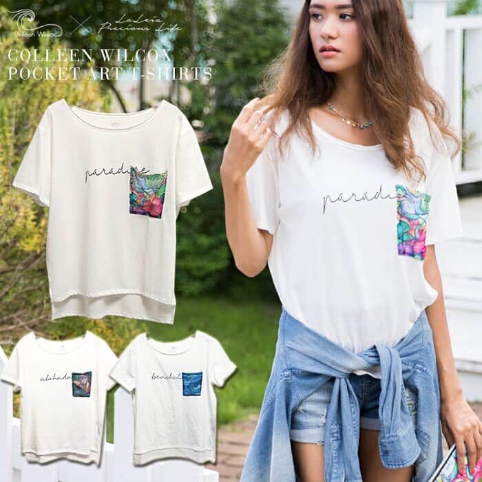 ラレイアのインスタグラム：「🌺 やっと再入荷しました！ 大人気Colleen WilcoxアートデザインのポケットアートTシャツ😍✨ ・ 台風が近いようですが、真夏前にGETのご準備を💞 ・ 今なら3デザイン全て揃って即納対応中です😊🌴 ・ せひお見逃しなく🧡 #colleen#colleenwilcox#art#hawaii#aloha#surf#beach#fashion#laleia#ハワイ#フォトジェニック#インスタ映え#インスタ女子#アロハ#ビーチ#海を感じる雑貨#ラレイア#アート#ビーチガール#サーフスタイル#大人カジュアル#旅行#トラベラー#tシャツ#ビーチコーデ」