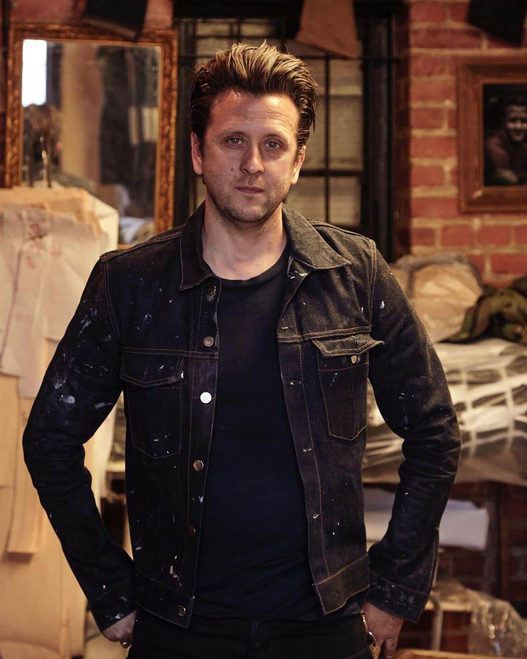 バーニーズ・ニューヨークのインスタグラム：「Raw denim designer and motocross enthusiast, Robert Schaeffer, (@schaeffersgarmenthotel) discovered his true passion while working towards what he believed was his life’s calling. Read how he developed the brand, loved by @prideofgypsies and @hedislimane on #TheWindow.」