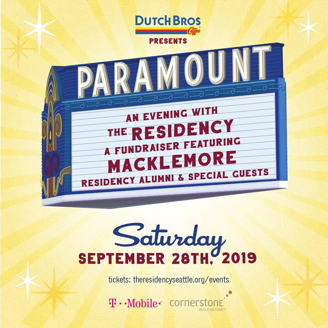 マックルモアーさんのインスタグラム写真 - (マックルモアーInstagram)「SEATTLE! Tickets now on sale for An Evening with The Residency! Sept 28t at the historic Paramount Theatre... come support the next generation of artists in the city. Link in bio. LET'S GO!」7月27日 2時02分 - macklemore